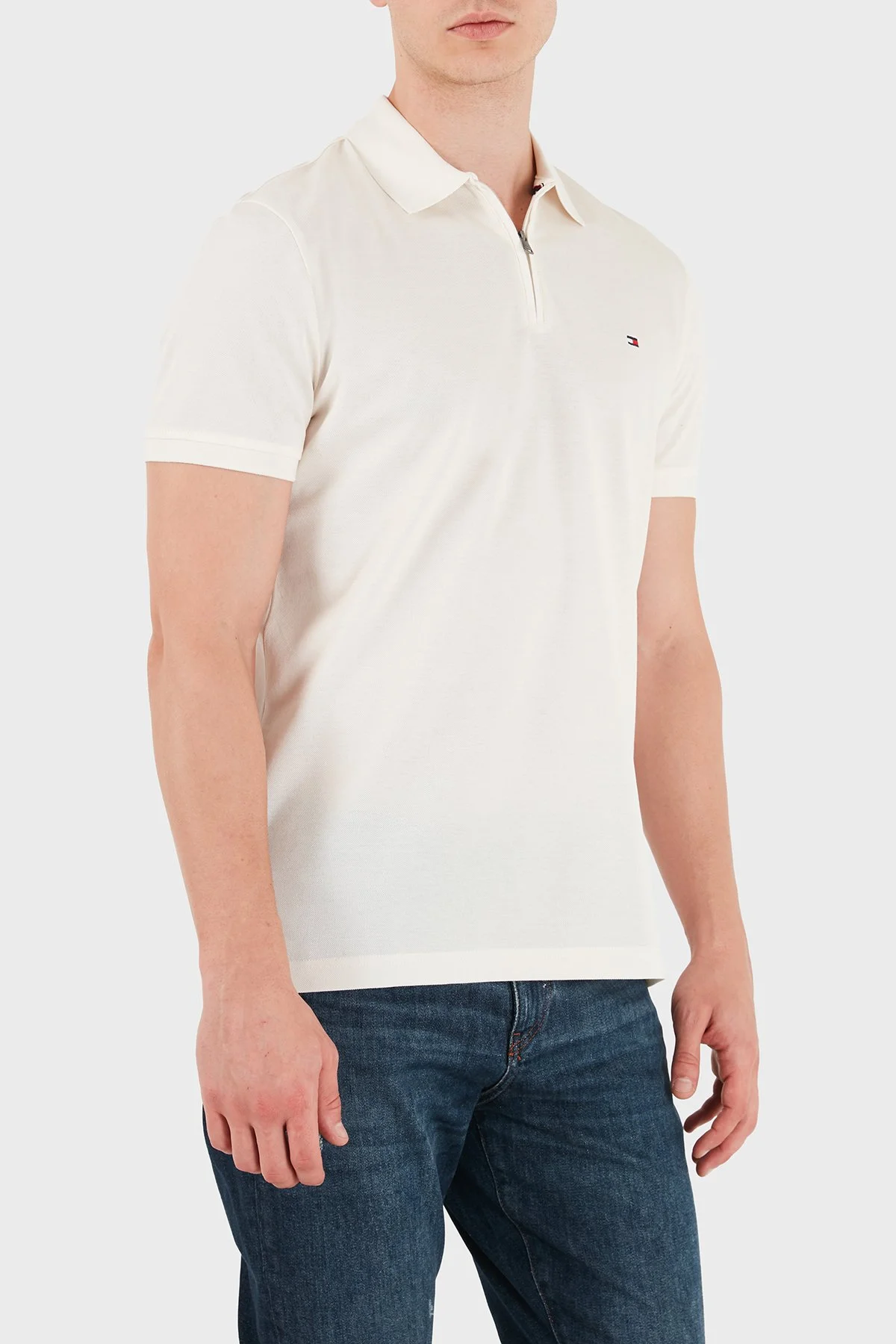 Tommy Hilfiger Pamuk Karışımlı Regular Fit Yarım Fermuarlı Erkek Polo Yaka T Shirt MW0MW43282 Z00 Açık bej - 4