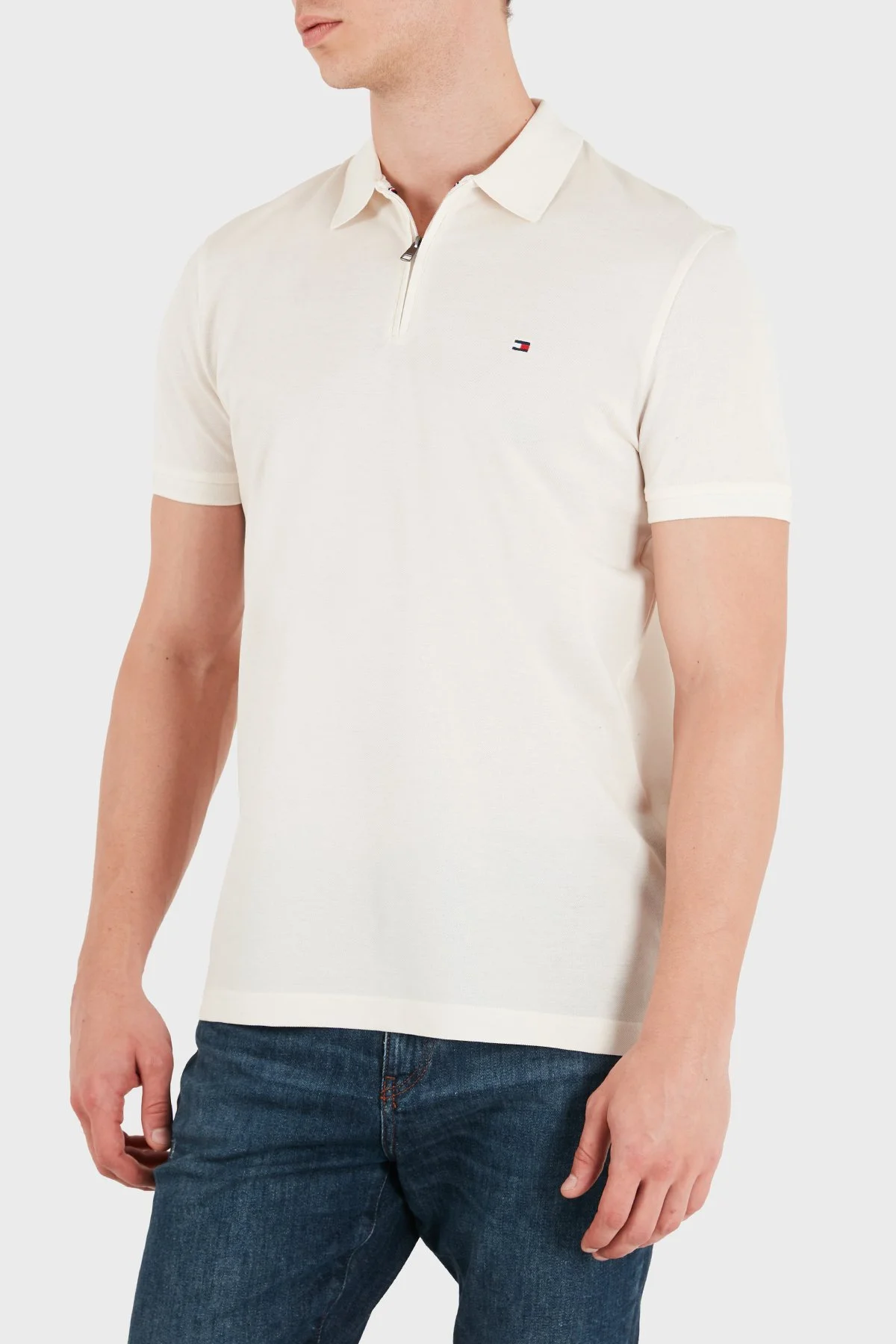 Tommy Hilfiger Pamuk Karışımlı Regular Fit Yarım Fermuarlı Erkek Polo Yaka T Shirt MW0MW43282 Z00 Açık bej - 5