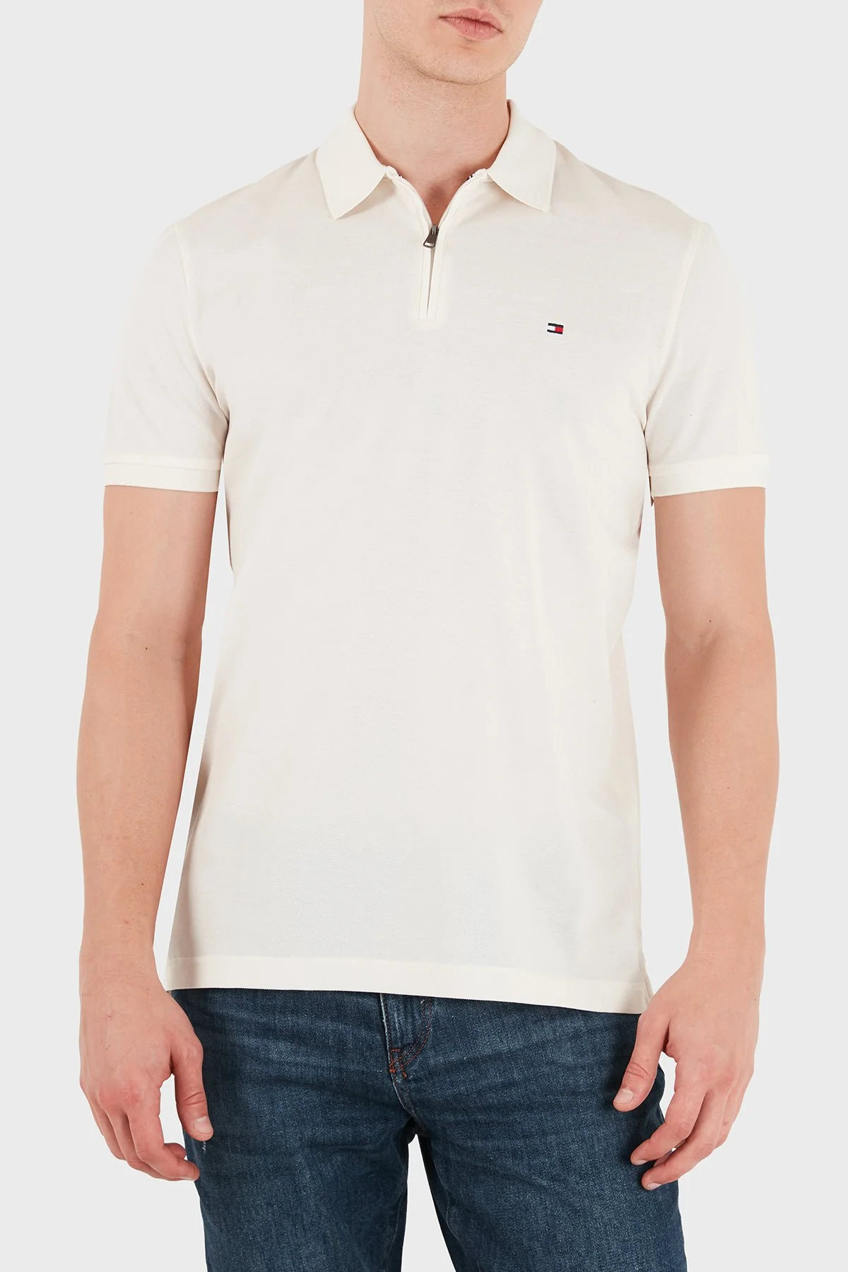 Tommy Hilfiger Pamuk Karışımlı Regular Fit Yarım Fermuarlı Erkek Polo Yaka T Shirt MW0MW43282 Z00 Açık bej - 6