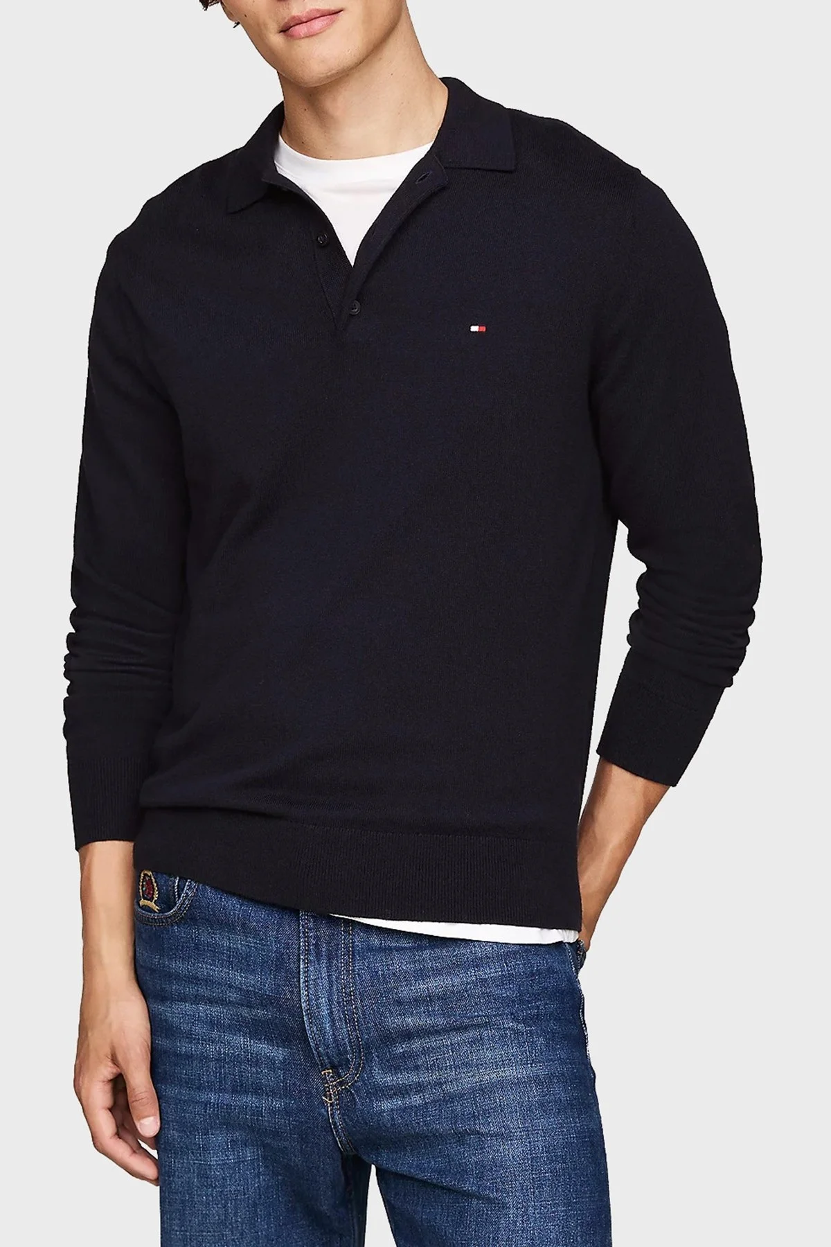 Tommy Hilfiger Pamuk ve Kaşmir Karışımlı Düğmeli Polo Yaka Erkek Kazak MW0MW36519 DW5 LACİVERT - 1