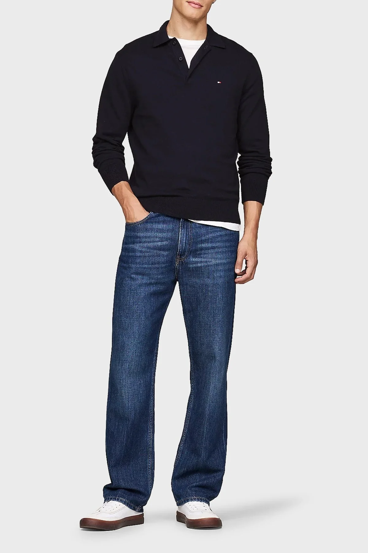 Tommy Hilfiger Pamuk ve Kaşmir Karışımlı Düğmeli Polo Yaka Erkek Kazak MW0MW36519 DW5 LACİVERT - 3