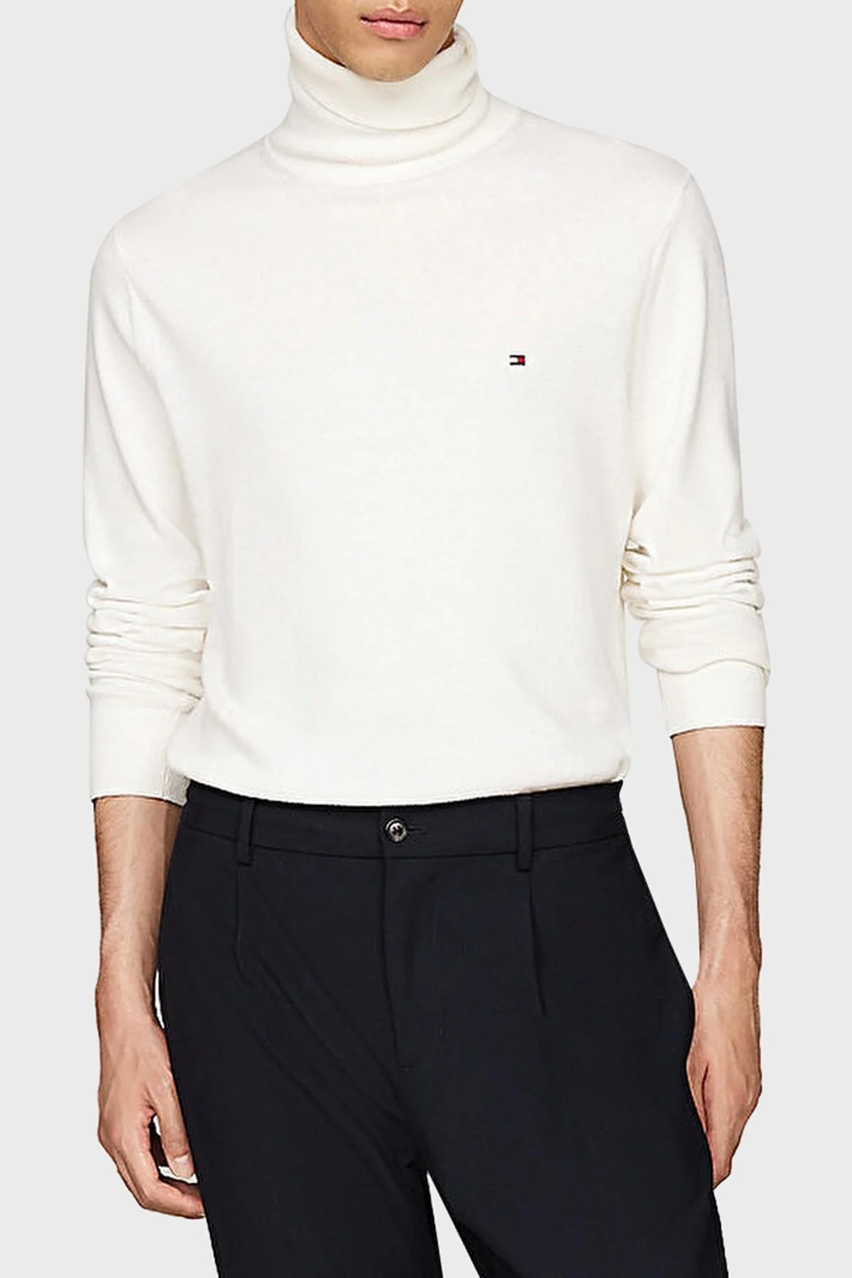 Tommy Hilfiger Pamuk ve Kaşmir Karışımlı Regular Fit Balıkçı Yaka Erkek Kazak MW0MW28048 YBI BEYAZ - 6