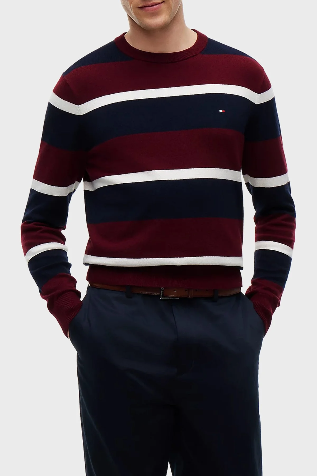 Tommy Hilfiger Pamuk ve Kaşmir Karışımlı Regular Fit Bisiklet Yaka Erkek Kazak MW0MW28046 0A7 Bordo-lacivert - 1