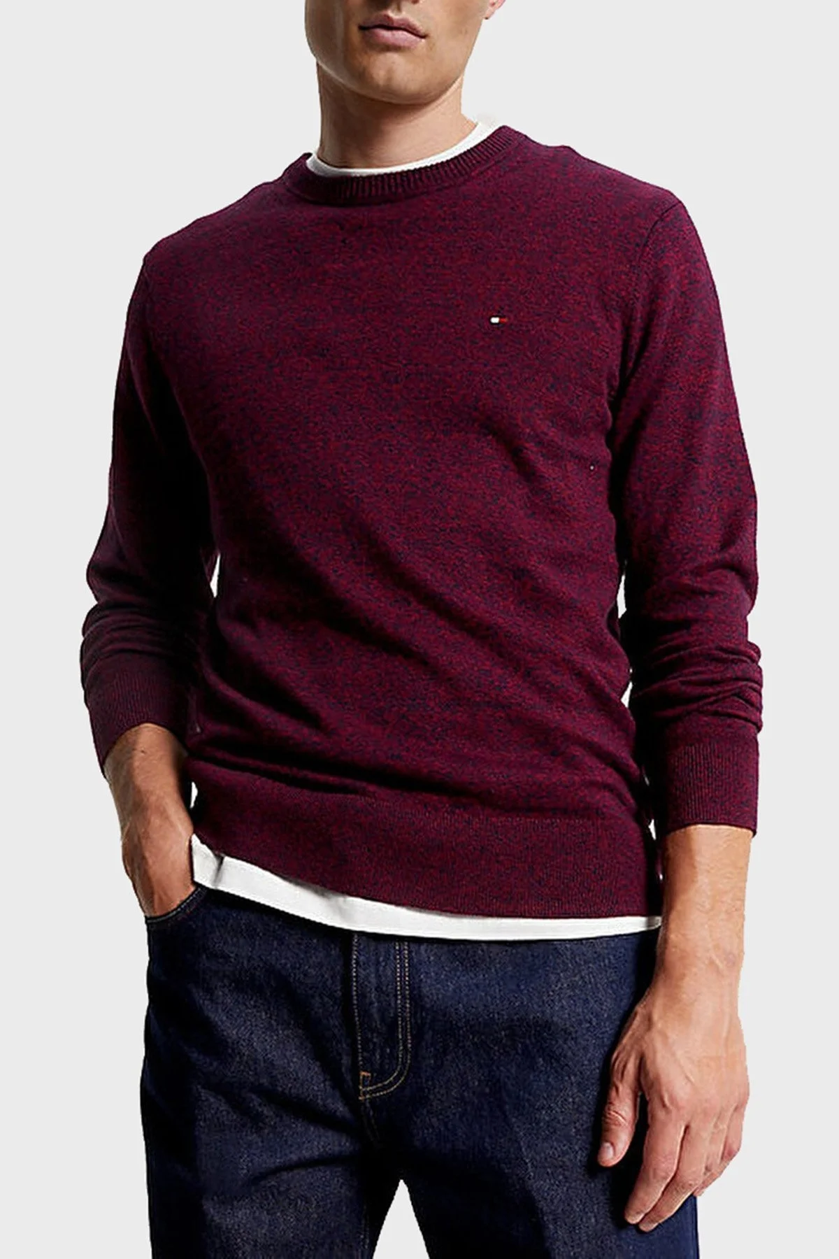 Tommy Hilfiger Pamuk ve Kaşmir Karışımlı Regular Fit Bisiklet Yaka Erkek Kazak MW0MW28046 0KP BORDO - 1