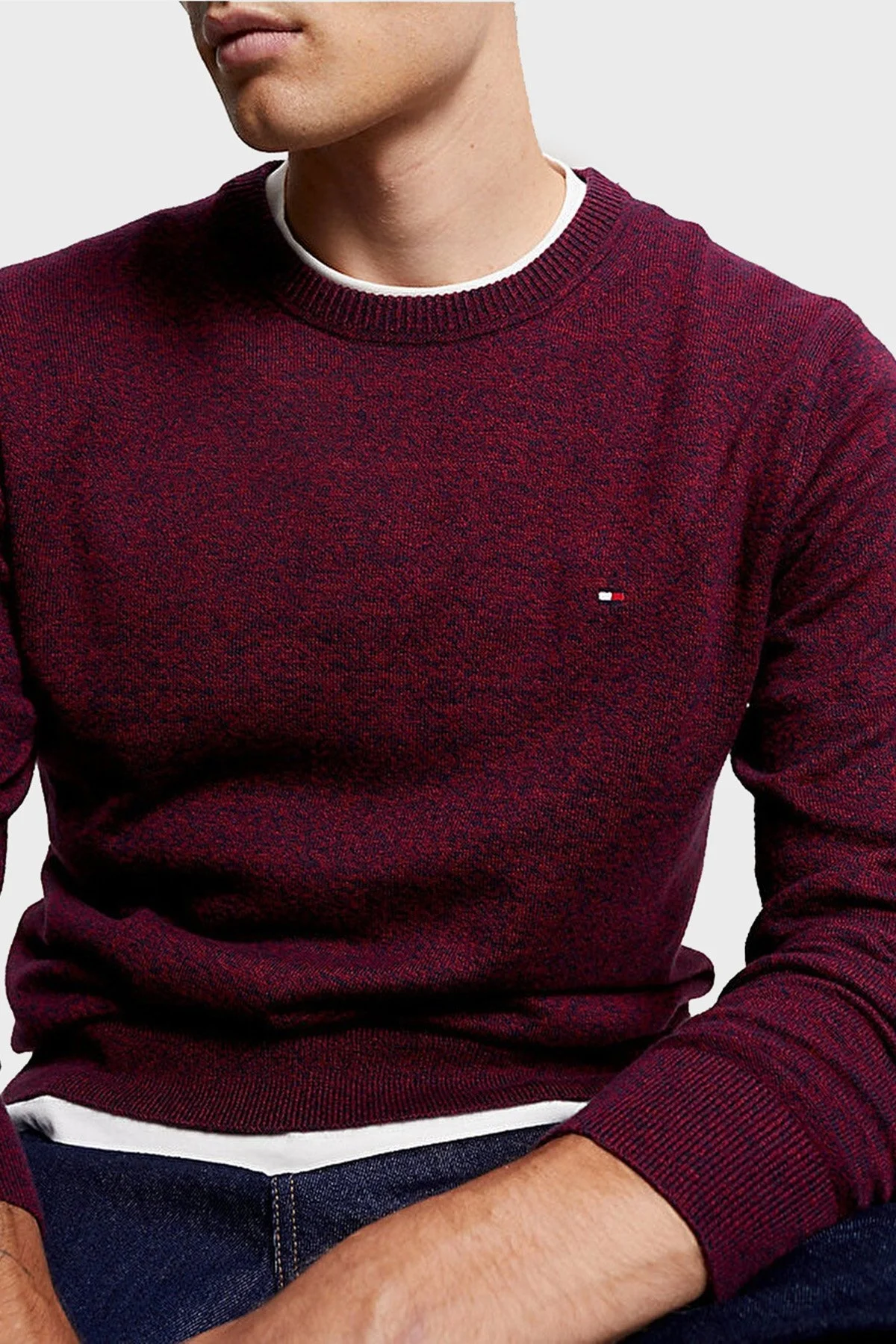 Tommy Hilfiger Pamuk ve Kaşmir Karışımlı Regular Fit Bisiklet Yaka Erkek Kazak MW0MW28046 0KP BORDO - 3