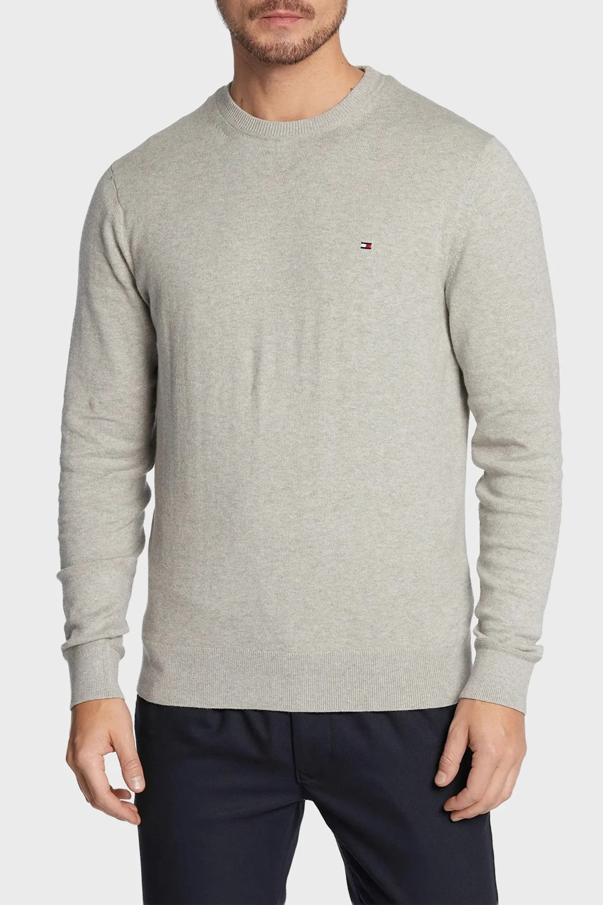 Tommy Hilfiger Pamuk ve Kaşmir Karışımlı Regular Fit Bisiklet Yaka Erkek Kazak MW0MW28046 P01 GRİ - 1