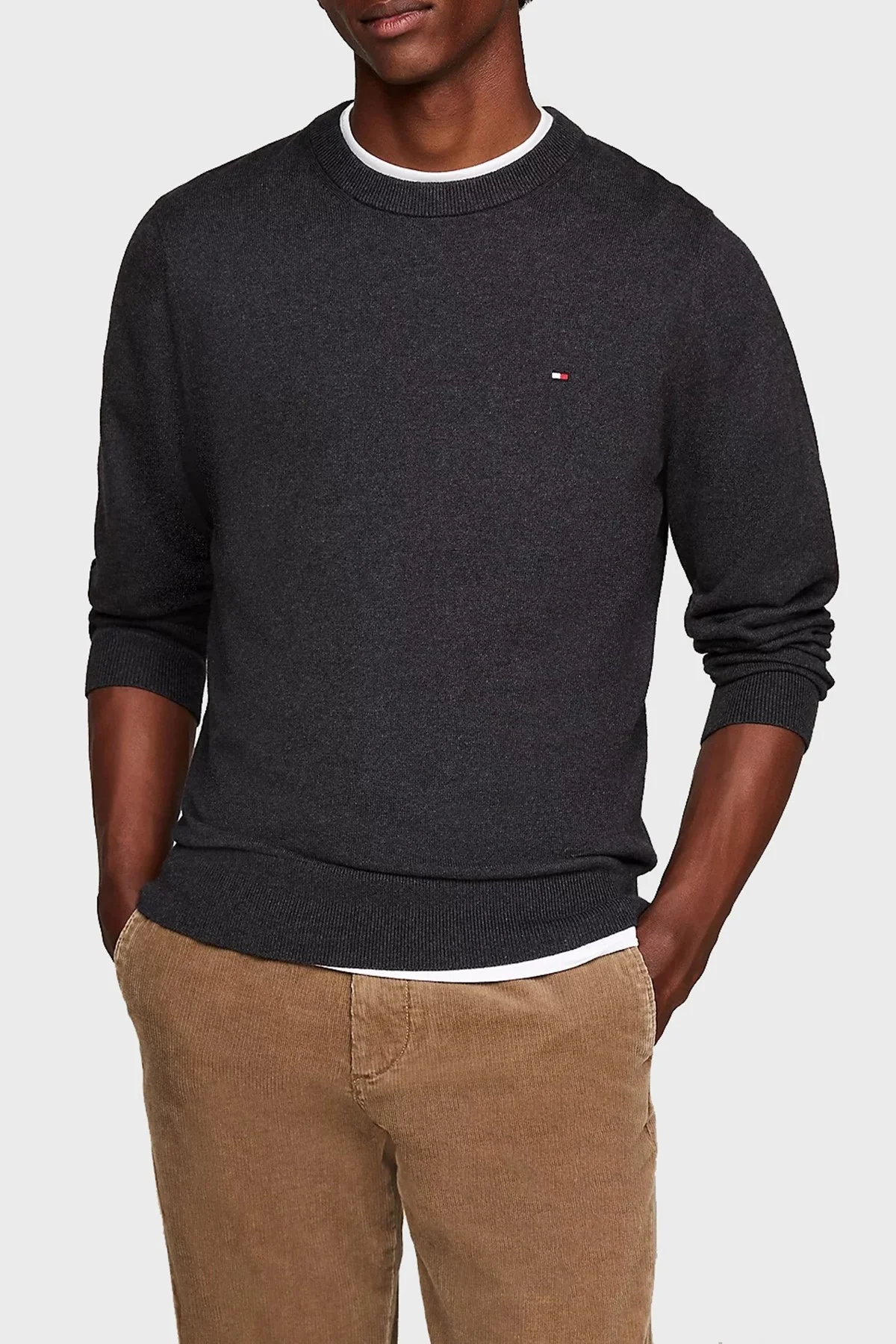 Tommy Hilfiger Pamuk ve Kaşmir Karışımlı Regular Fit Bisiklet Yaka Erkek Kazak MW0MW28046 P92 GRİ - 6