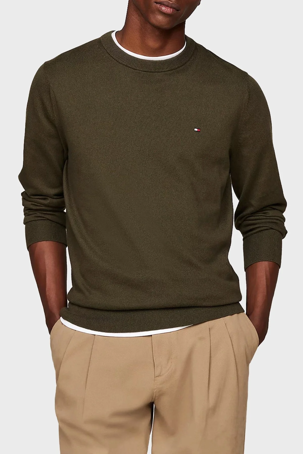 Tommy Hilfiger Pamuk ve Kaşmir Karışımlı Regular Fit Bisiklet Yaka Erkek Kazak MW0MW28046 RBN KOYU HAKİ - 1