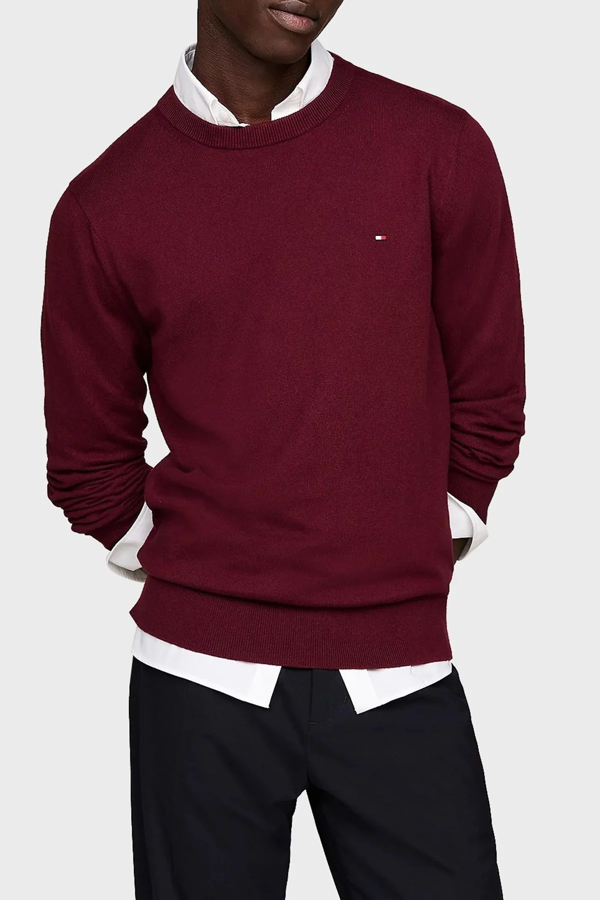 Tommy Hilfiger Pamuk ve Kaşmir Karışımlı Regular Fit Bisiklet Yaka Erkek Kazak MW0MW28046 VLP BORDO - 1