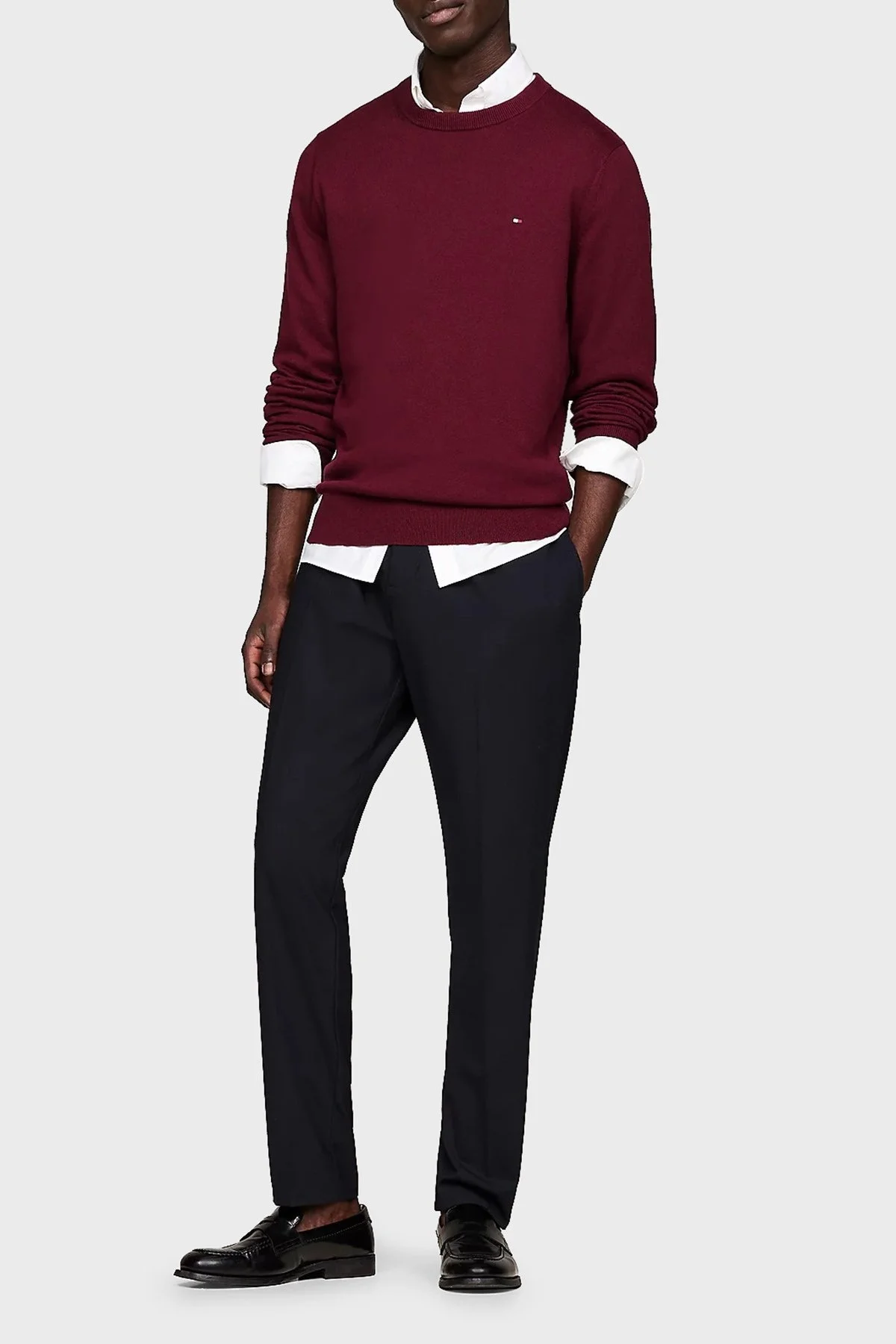 Tommy Hilfiger Pamuk ve Kaşmir Karışımlı Regular Fit Bisiklet Yaka Erkek Kazak MW0MW28046 VLP BORDO - 3