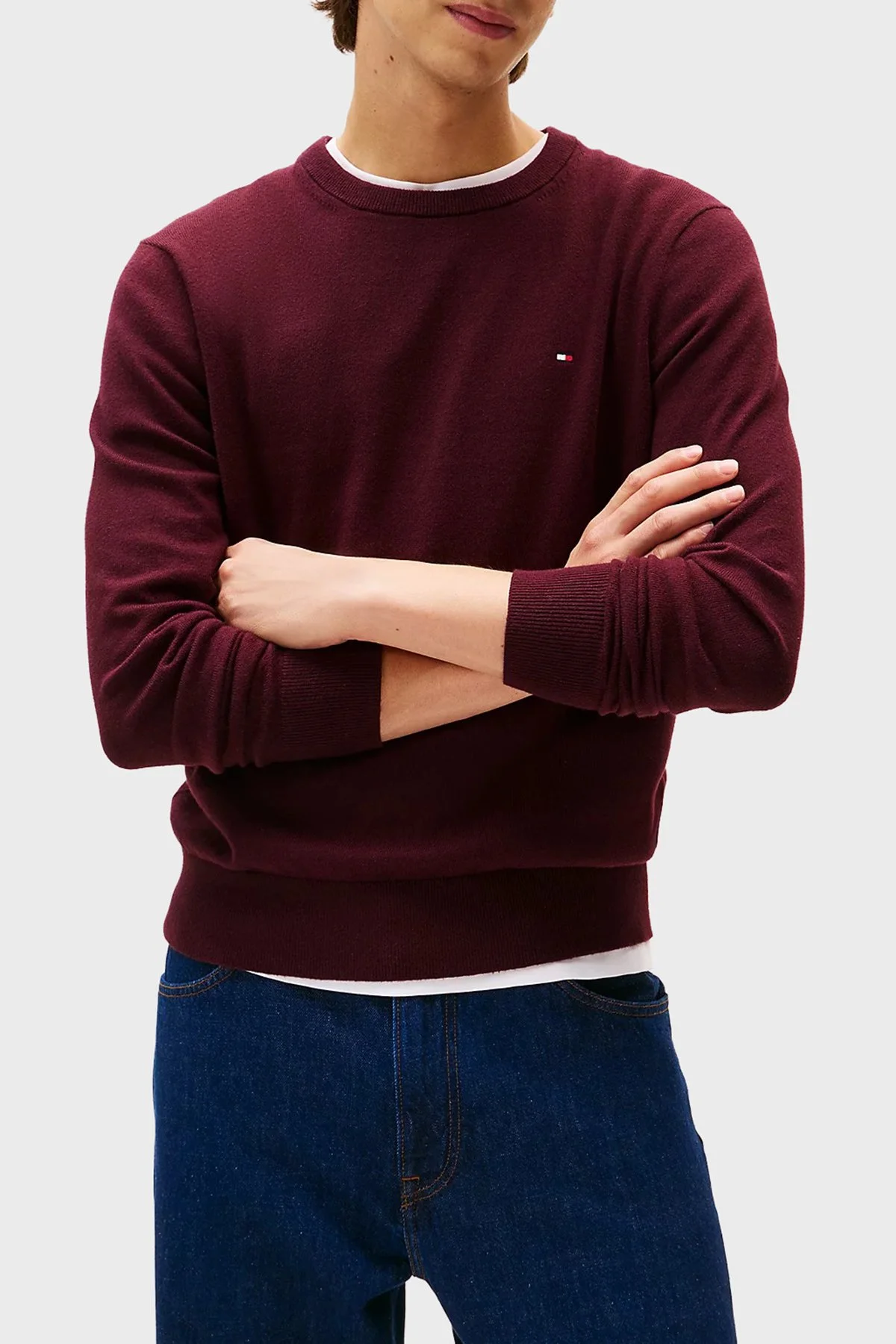 Tommy Hilfiger Pamuk ve Kaşmir Karışımlı Regular Fit Bisiklet Yaka Erkek Kazak MW0MW28046 XIH BORDO - 1