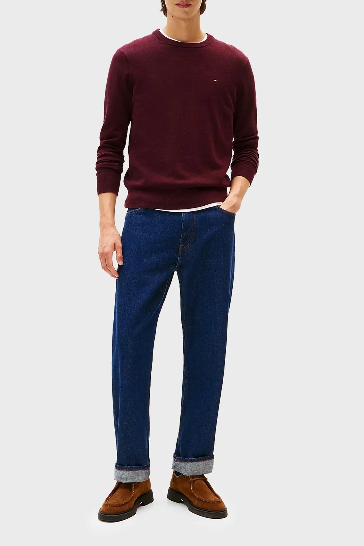 Tommy Hilfiger Pamuk ve Kaşmir Karışımlı Regular Fit Bisiklet Yaka Erkek Kazak MW0MW28046 XIH BORDO - 2