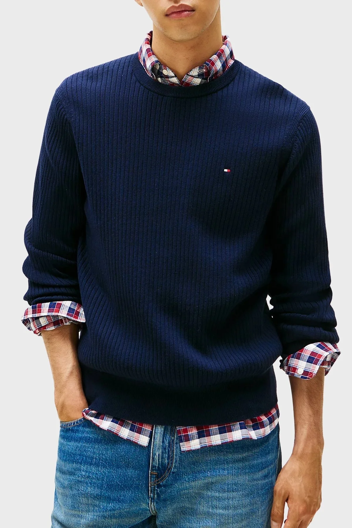 Tommy Hilfiger Pamuk ve Kaşmir Karışımlı Regular Fit Bisiklet Yaka Erkek Kazak MW0MW40449 DW5 LACİVERT - 1