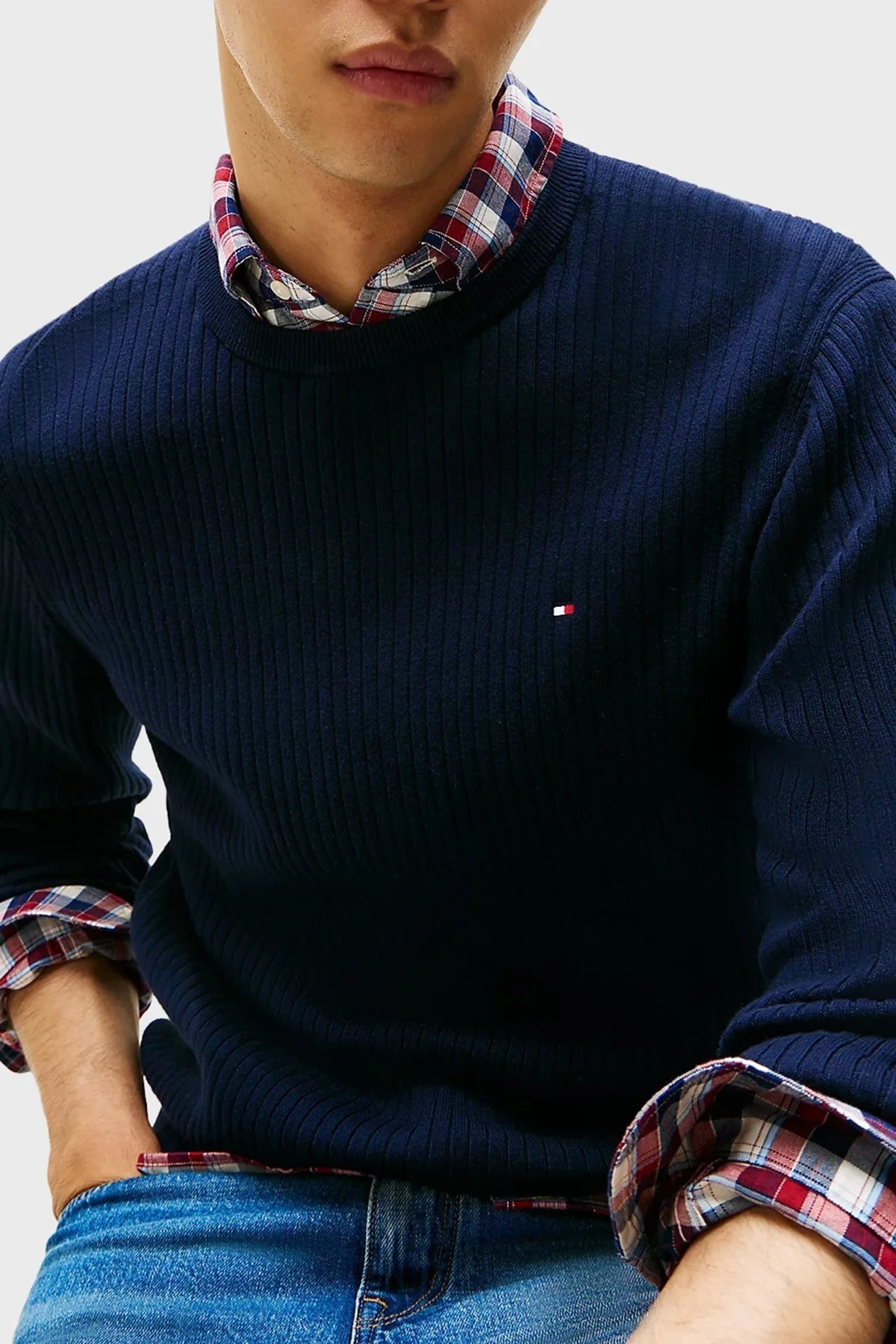 Tommy Hilfiger Pamuk ve Kaşmir Karışımlı Regular Fit Bisiklet Yaka Erkek Kazak MW0MW40449 DW5 LACİVERT - 4