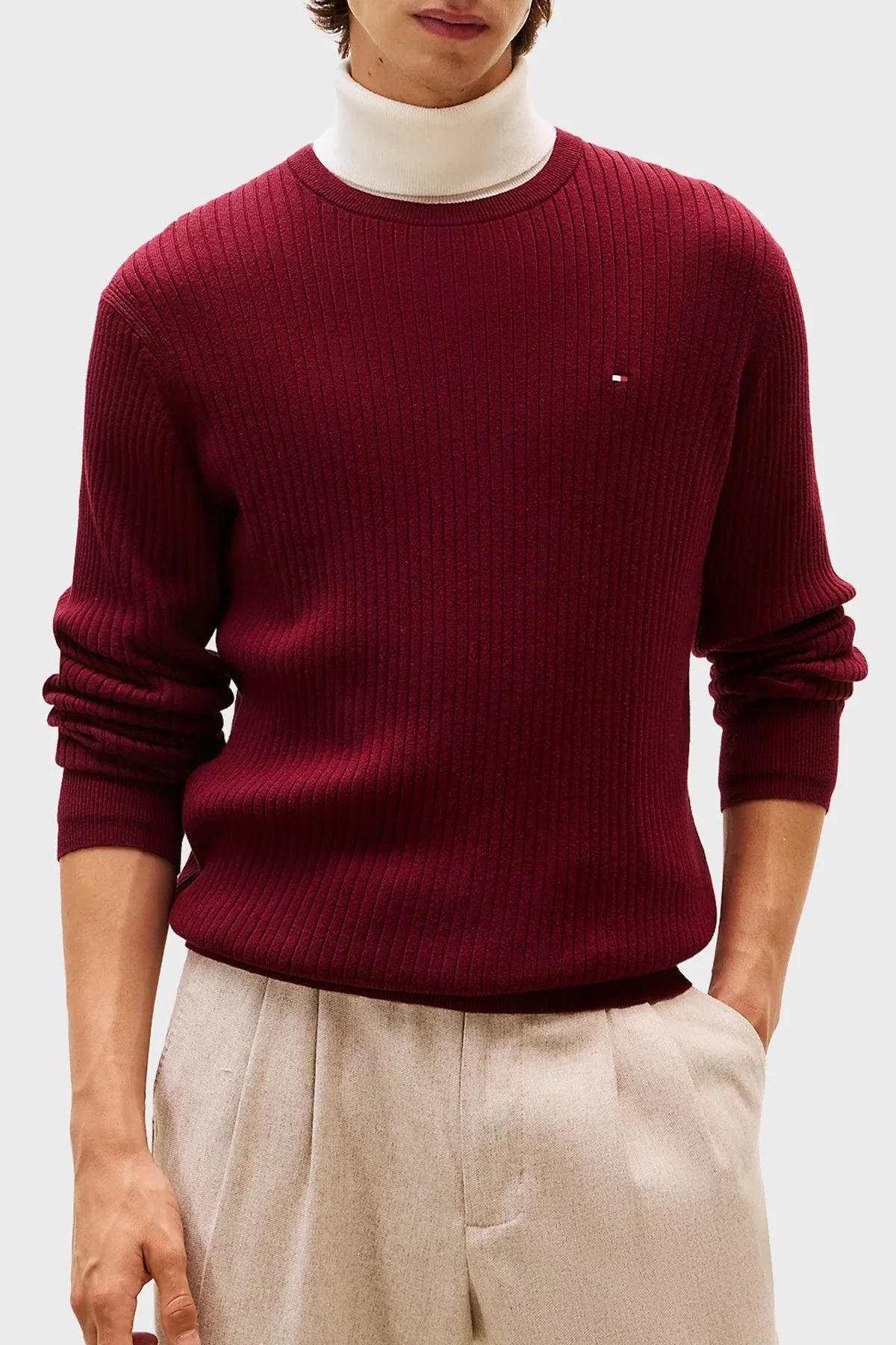 Tommy Hilfiger Pamuk ve Kaşmir Karışımlı Regular Fit Bisiklet Yaka Erkek Kazak MW0MW40449 VLP BORDO - 1