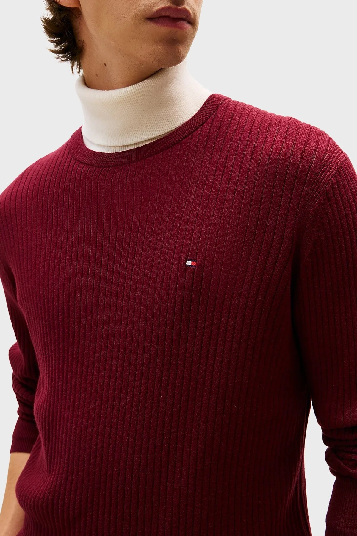 Tommy Hilfiger Pamuk ve Kaşmir Karışımlı Regular Fit Bisiklet Yaka Erkek Kazak MW0MW40449 VLP BORDO - 4