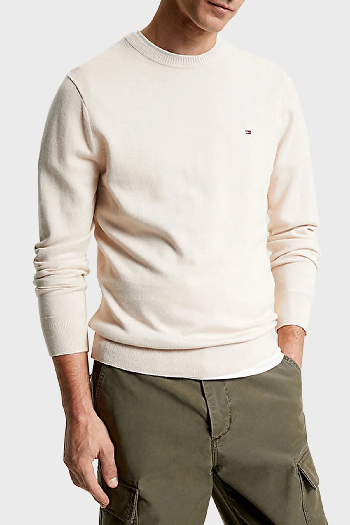 Tommy Hilfiger Pamuk ve Kaşmir Karışımlı Regular Fit Bisiklet Yaka Kazak Erkek Sweat MW0MW28046 ABH BEJ - 1