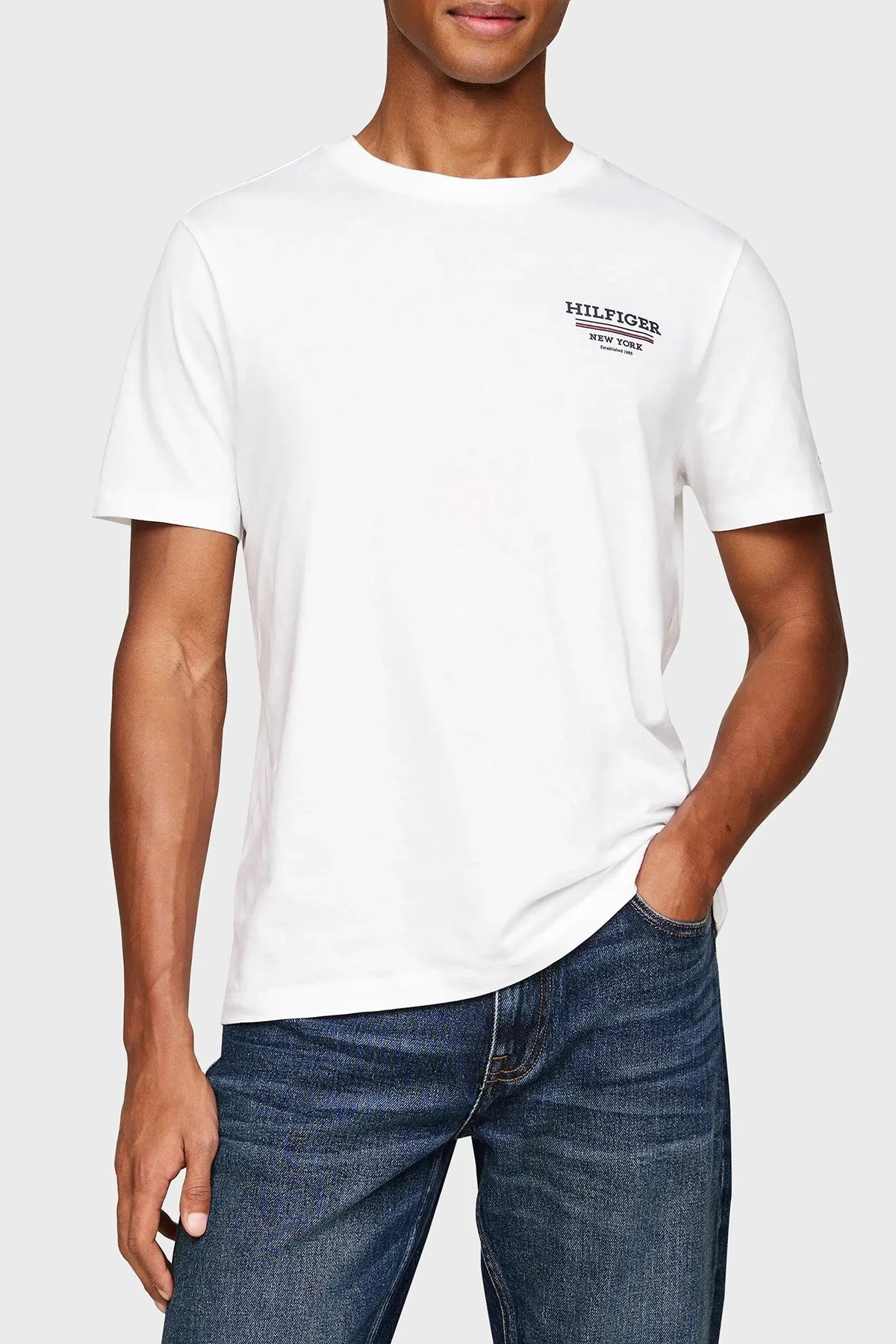 Tommy Hilfiger Pamuklu Bisiklet Yaka Erkek T Shirt MW0MW36208 YBR BEYAZ - 1