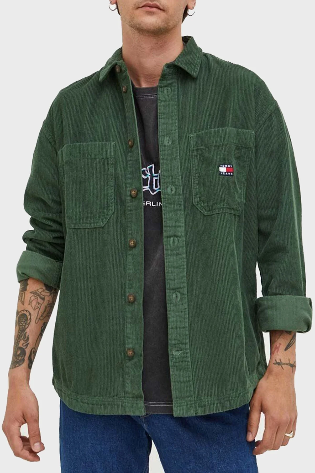 Tommy Hilfiger Pamuklu Cepli Regular Fit Fitilli Kadife Erkek Gömlek DM0DM16600 L2M YEŞİL - 1