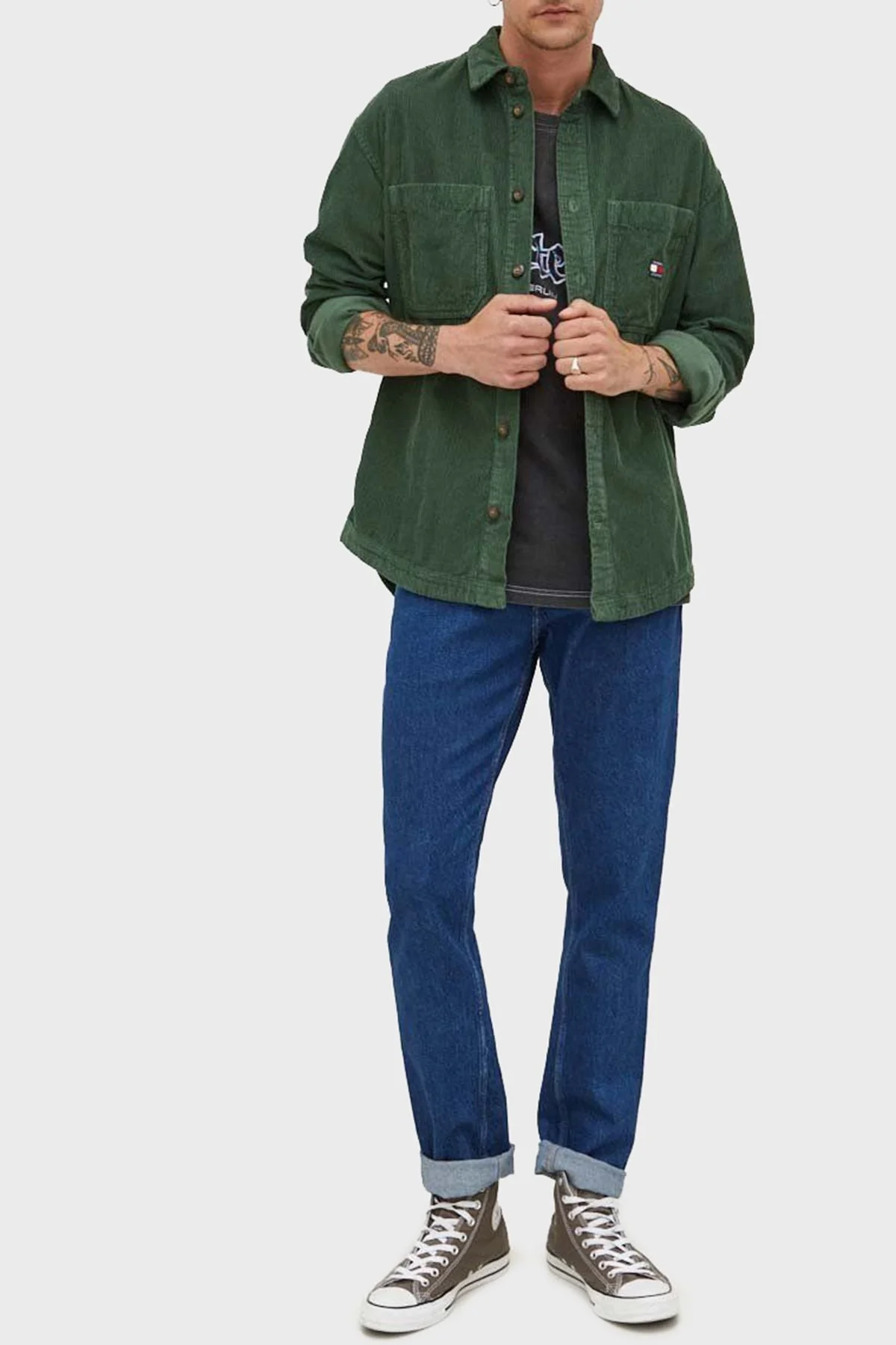 Tommy Hilfiger Pamuklu Cepli Regular Fit Fitilli Kadife Erkek Gömlek DM0DM16600 L2M YEŞİL - 3