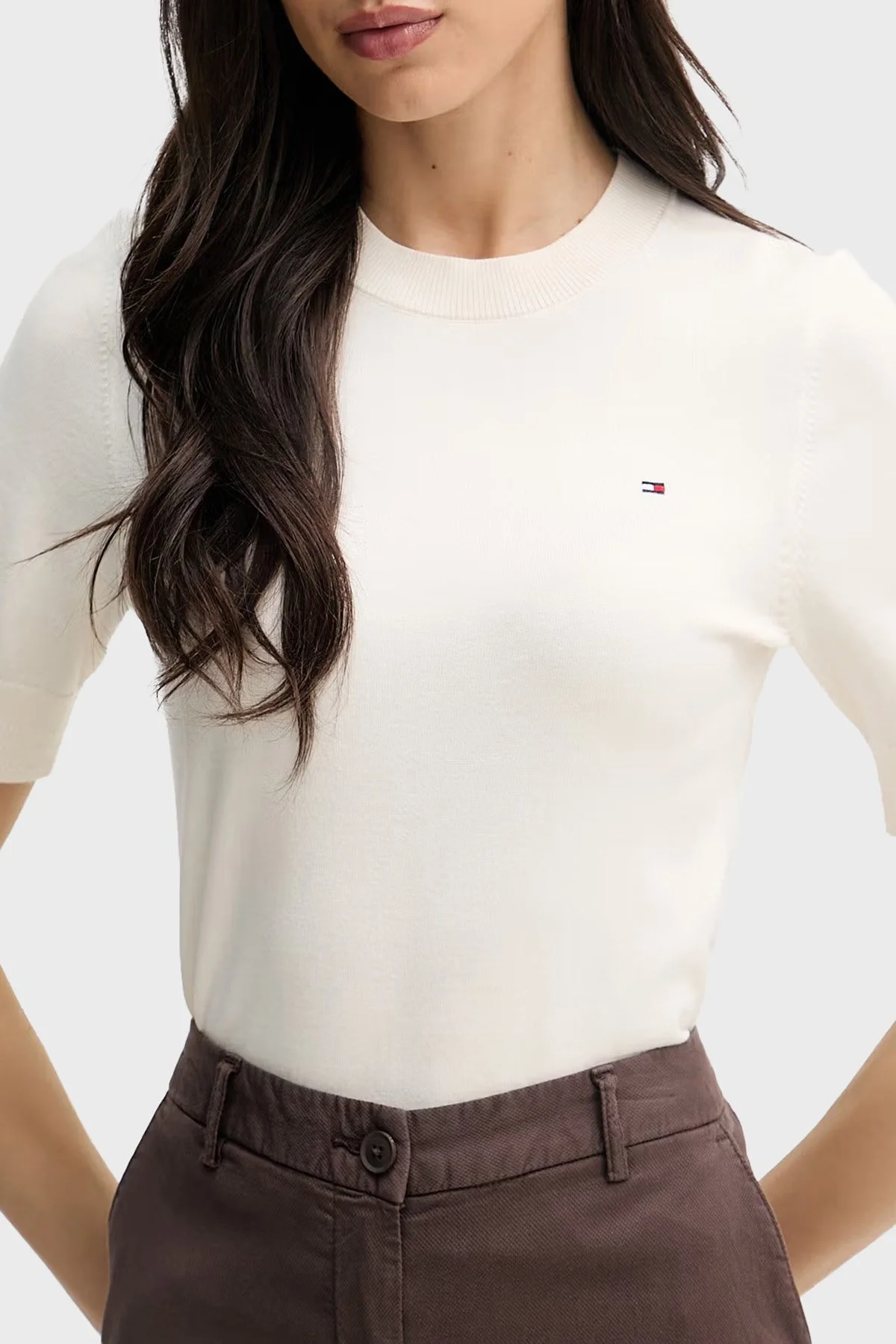 Tommy Hilfiger Pamuklu Kısa Kollu Kadın Kazak WW0WW49705 Z00 Açık bej - 3