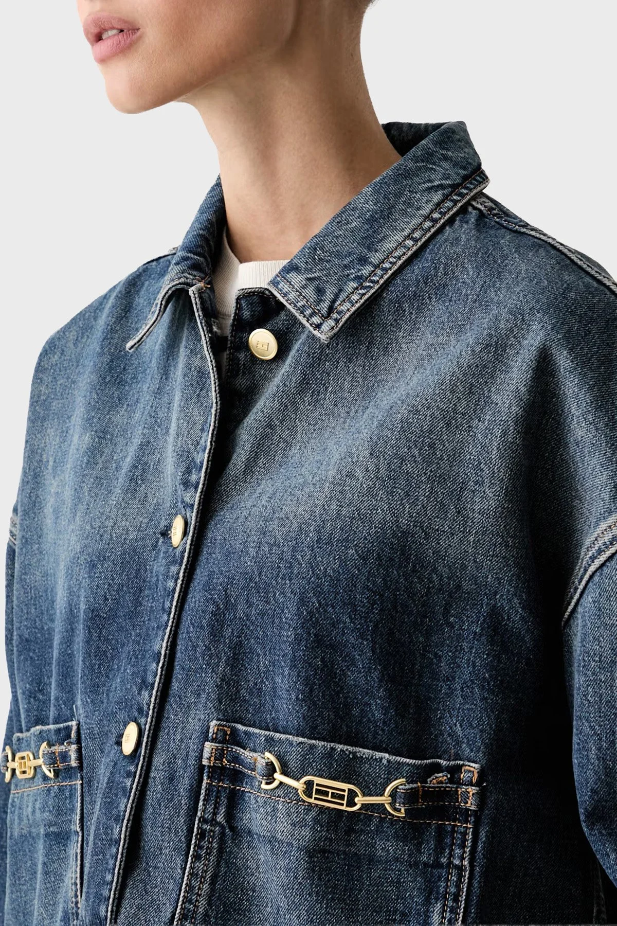 Tommy Hilfiger Pamuklu Klasik Yaka Düğmeli Kadın Kot Ceket WW0WW50962 1A9 Mavi - 4