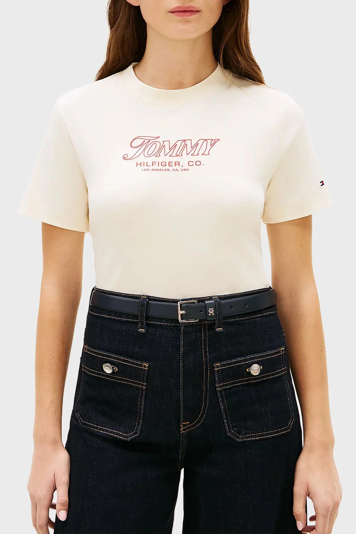 Tommy Hilfiger Pamuklu Logo Baskılı Regular Fit Bisiklet Yaka Kadın T Shirt WW0WW48707 AEF BEJ - 1