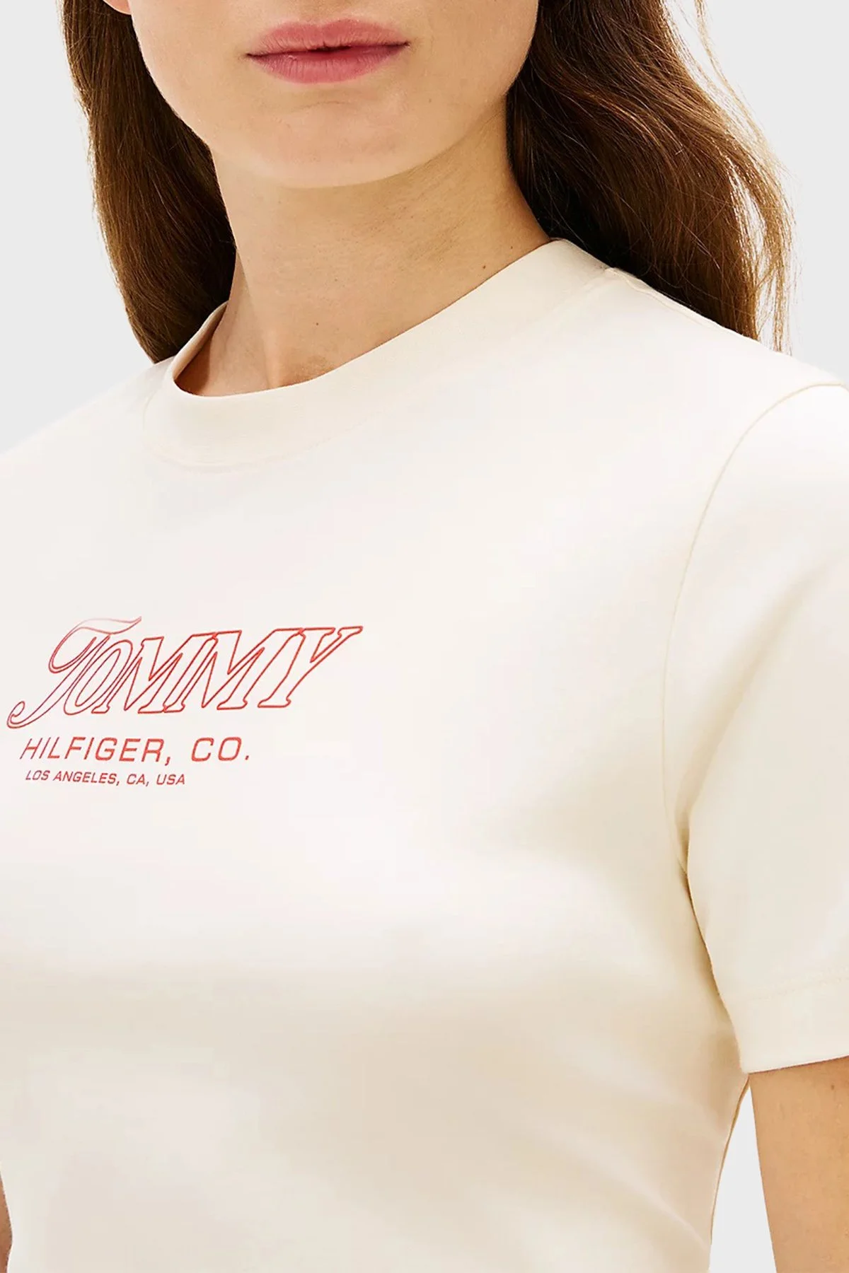 Tommy Hilfiger Pamuklu Logo Baskılı Regular Fit Bisiklet Yaka Kadın T Shirt WW0WW48707 AEF BEJ - 4