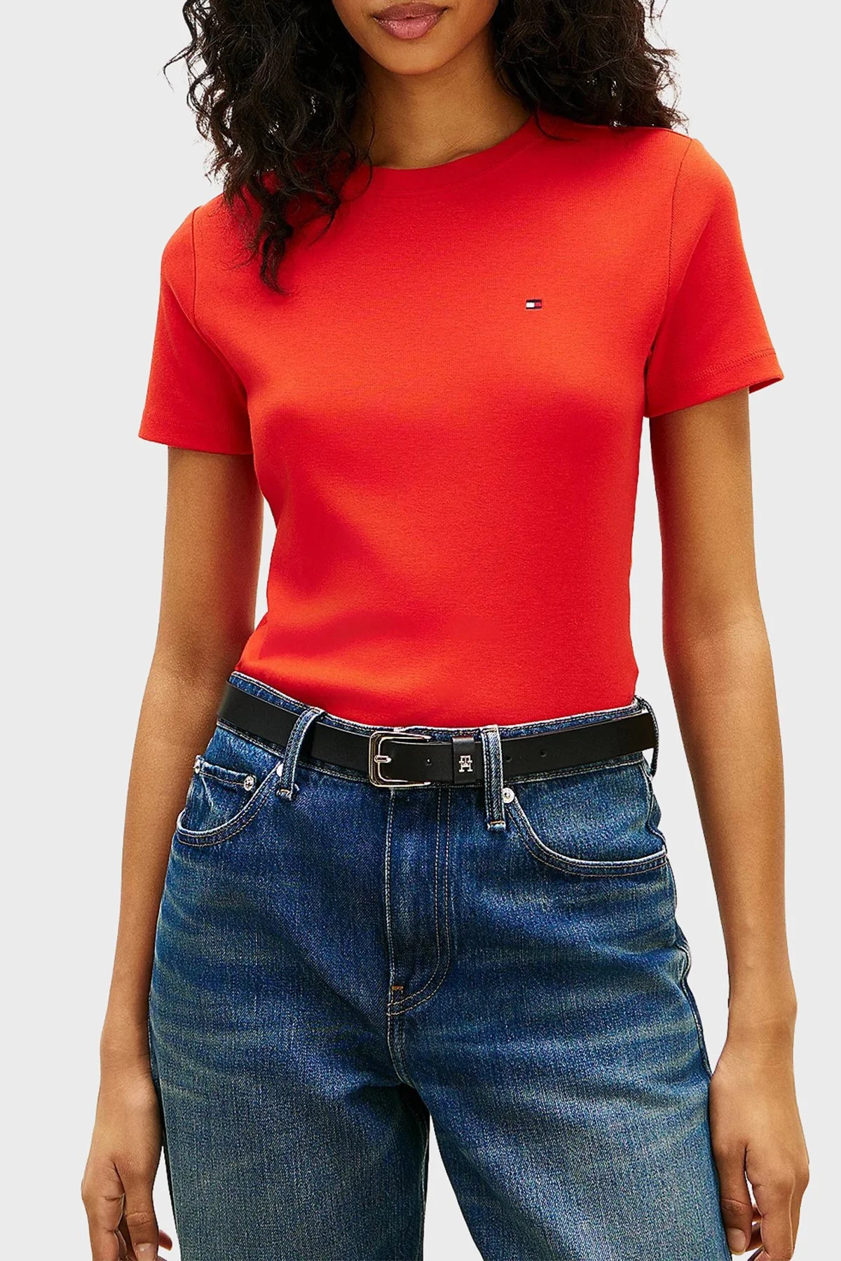 Tommy Hilfiger Pamuklu Logolu Slim Fit Bisiklet Yaka Kadın T Shirt WW0WW40587 SNE KIRMIZI - 1