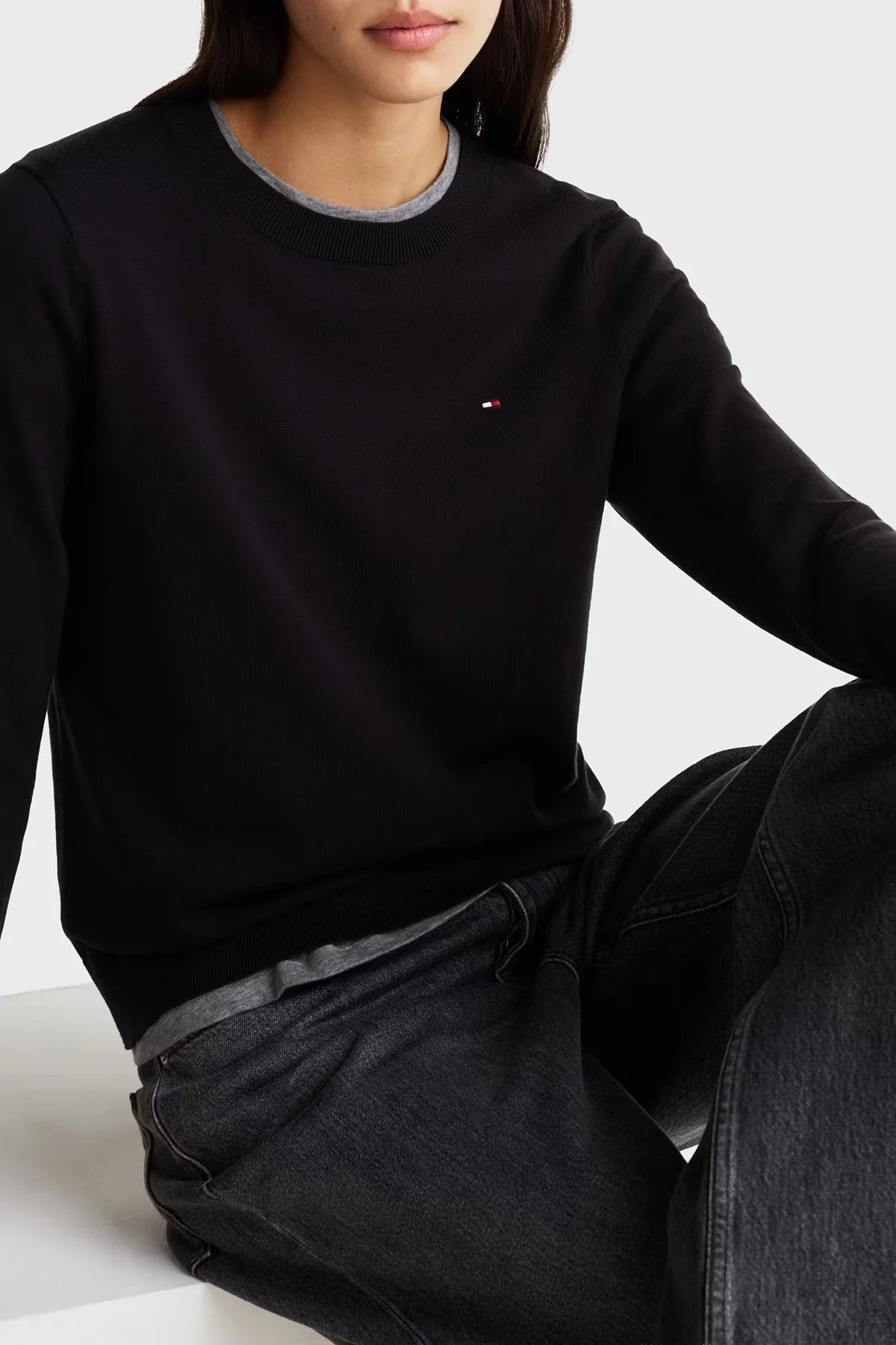 Tommy Hilfiger Pamuklu Regular Fit Bisiklet Yaka Bayan Kazak WW0WW44984 BDS SİYAH - 1