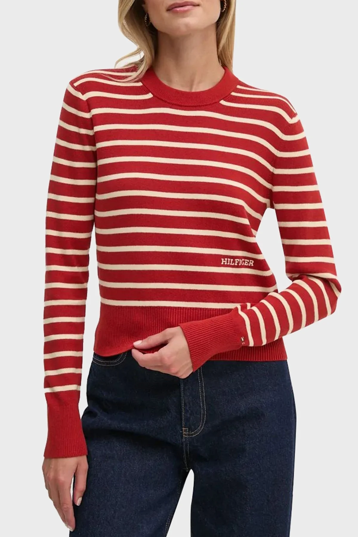 Tommy Hilfiger Pamuklu Regular Fit Bisiklet Yaka Çizgili Bayan Kazak WW0WW43506 04U Kiremit-Bej - 1