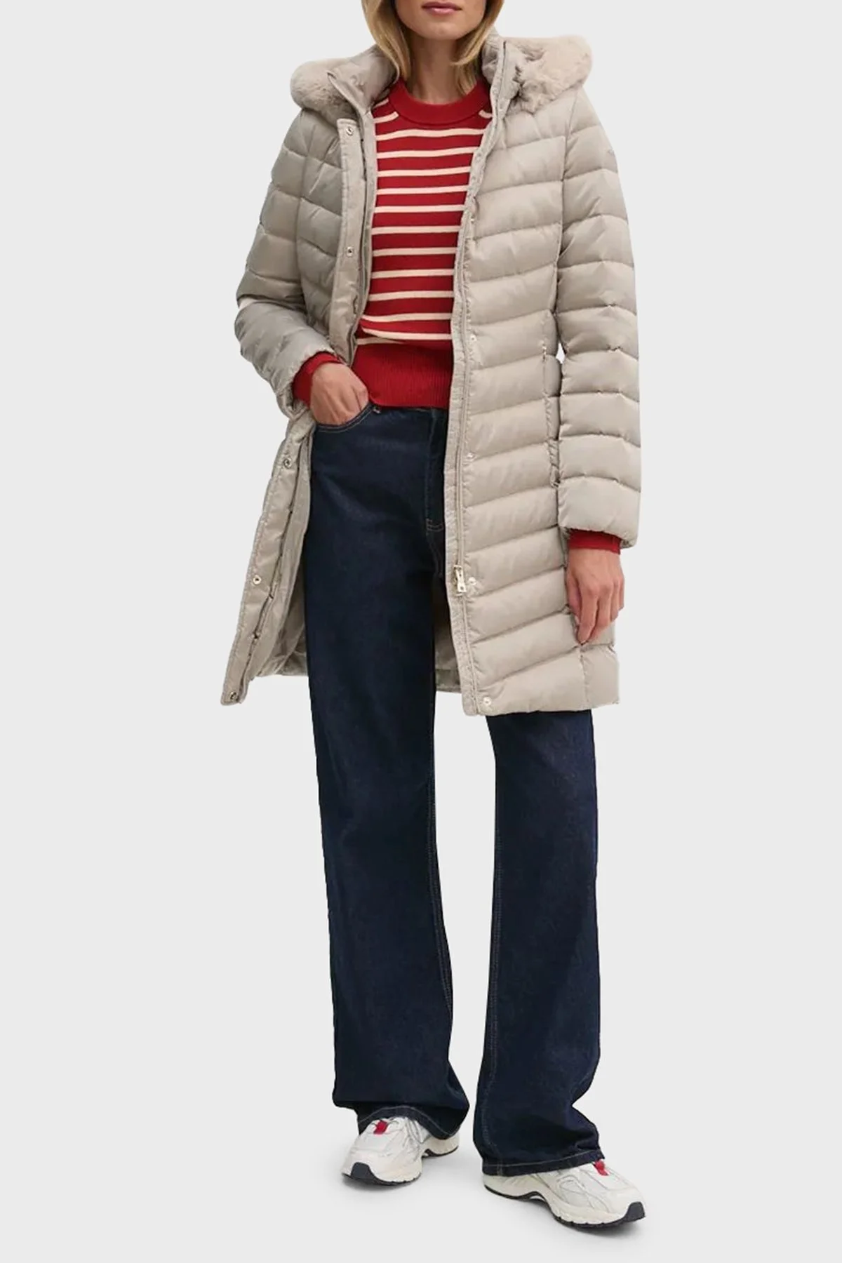 Tommy Hilfiger Pamuklu Regular Fit Bisiklet Yaka Çizgili Bayan Kazak WW0WW43506 04U Kiremit-Bej - 2