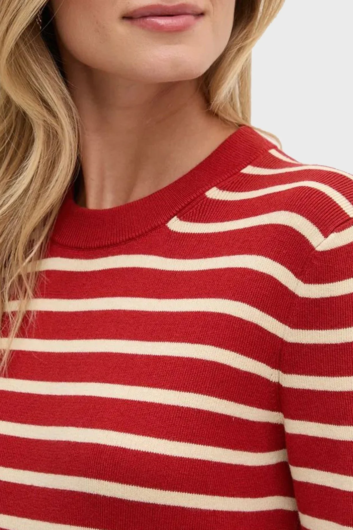 Tommy Hilfiger Pamuklu Regular Fit Bisiklet Yaka Çizgili Bayan Kazak WW0WW43506 04U Kiremit-Bej - 3