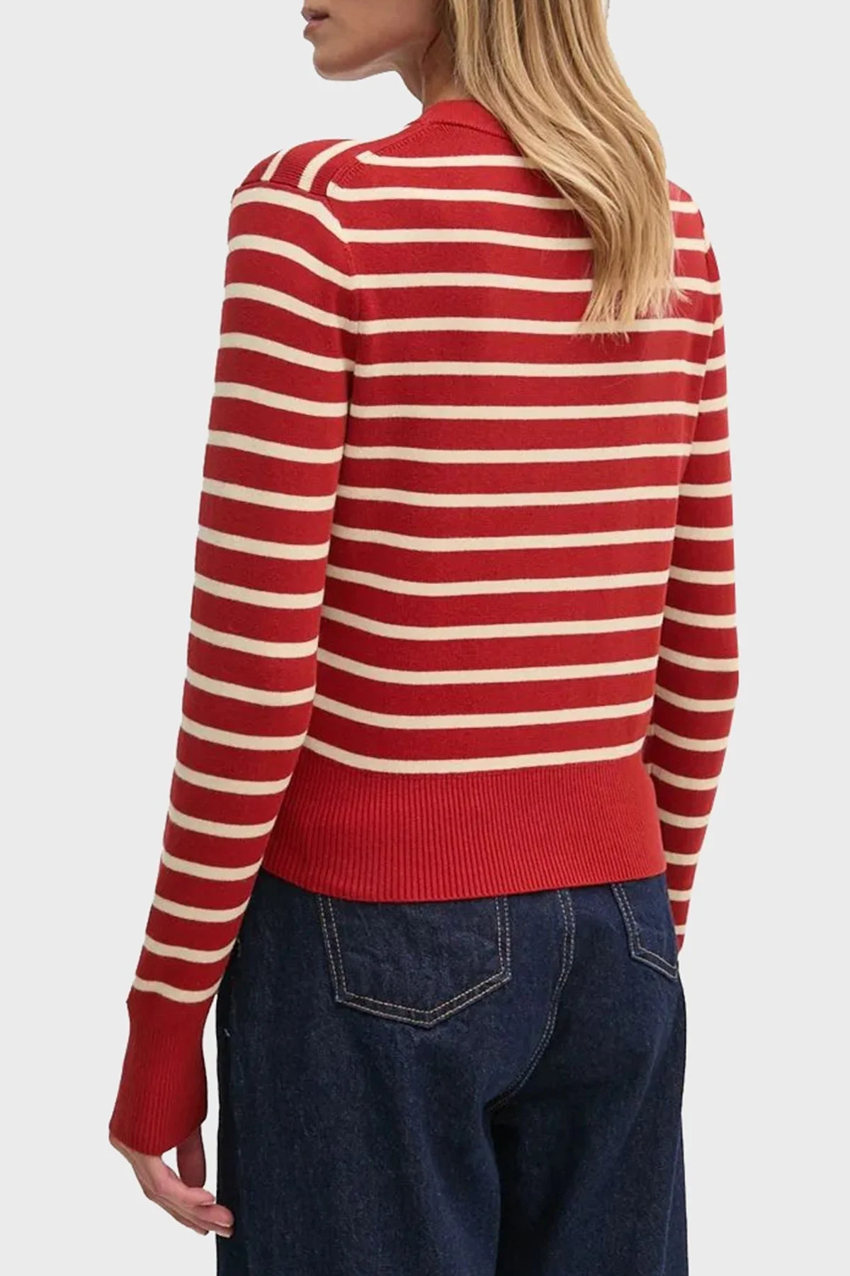 Tommy Hilfiger Pamuklu Regular Fit Bisiklet Yaka Çizgili Bayan Kazak WW0WW43506 04U Kiremit-Bej - 5