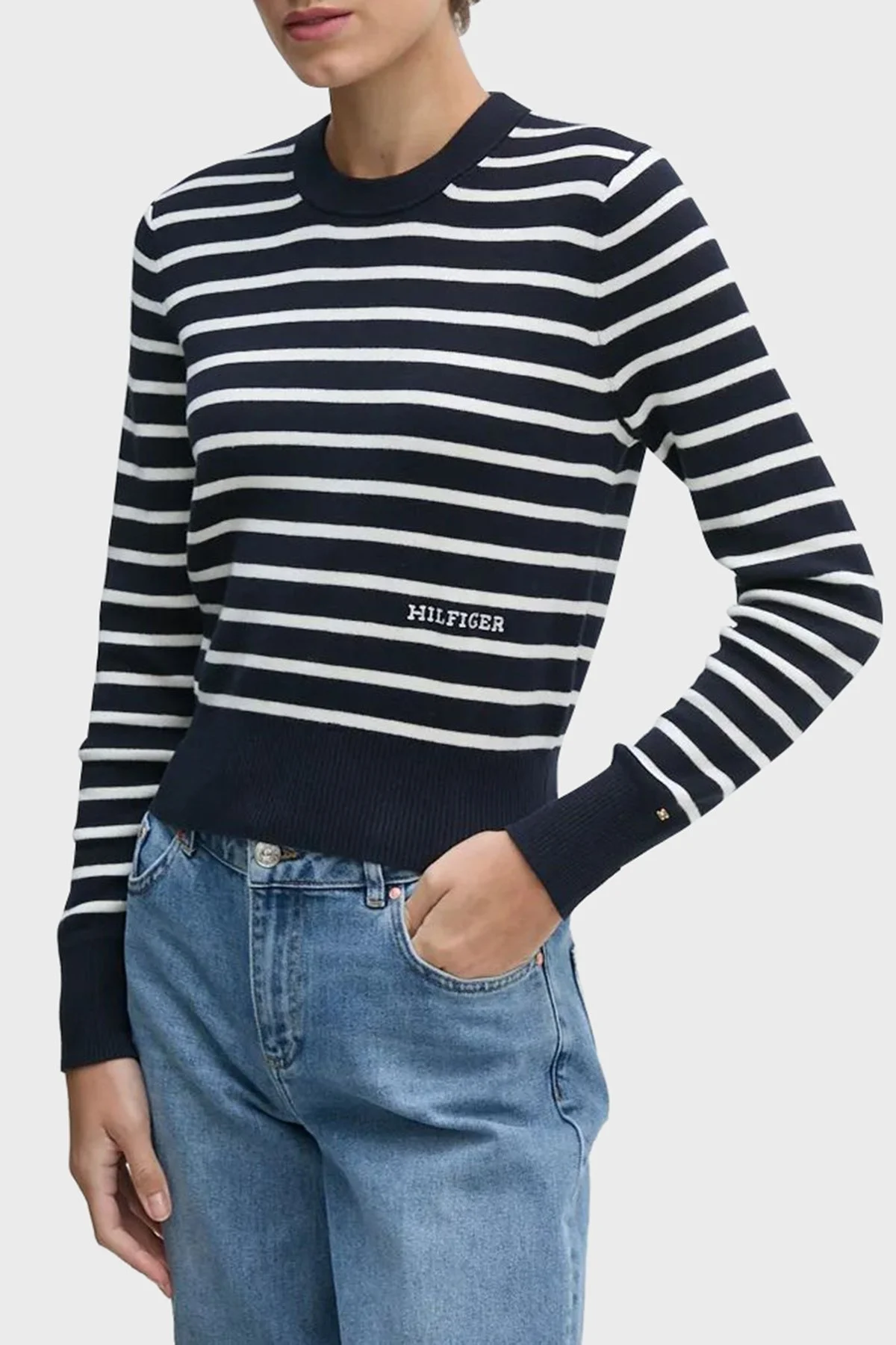 Tommy Hilfiger Pamuklu Regular Fit Bisiklet Yaka Çizgili Bayan Kazak WW0WW43506 0AA SİYAH-BEYAZ - 1