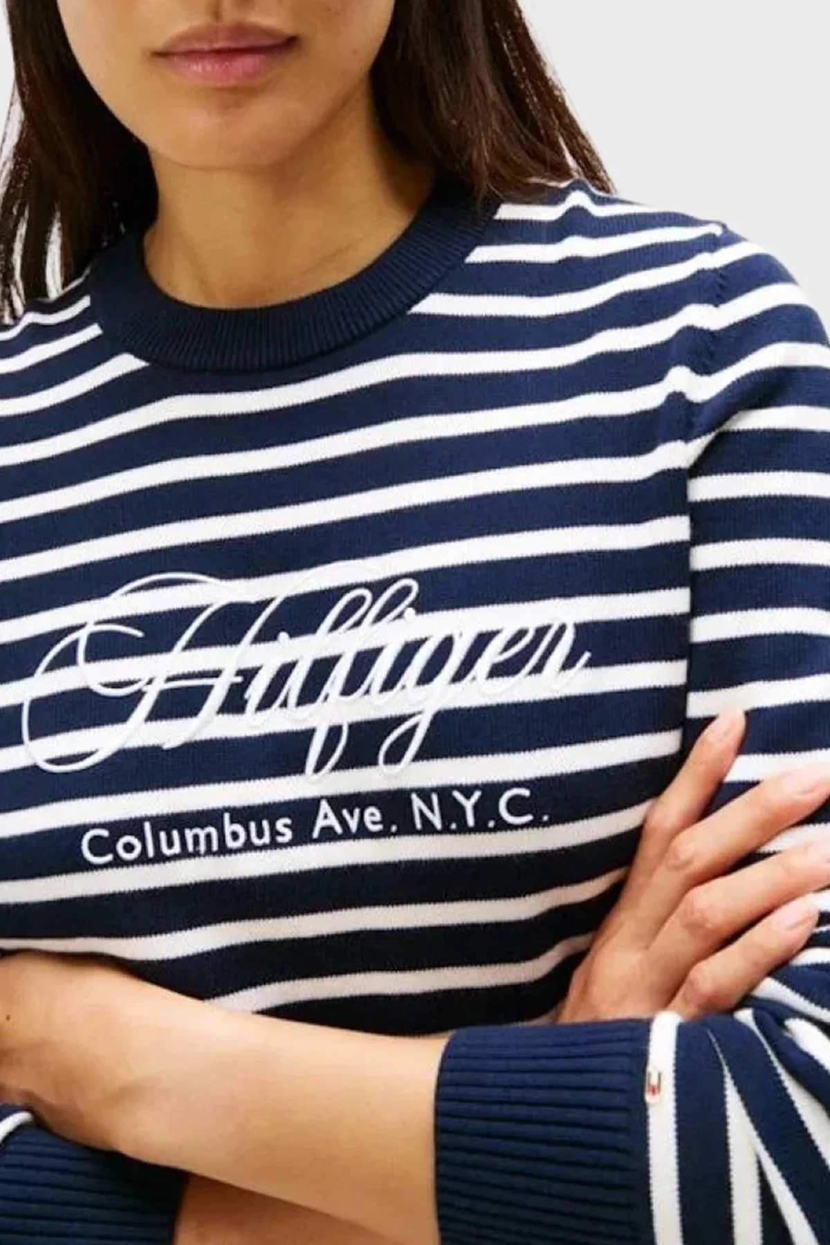 Tommy Hilfiger Pamuklu Regular Fit Bisiklet Yaka Çizgili Bayan Kazak WW0WW47304 0BI LACİVERT - 3