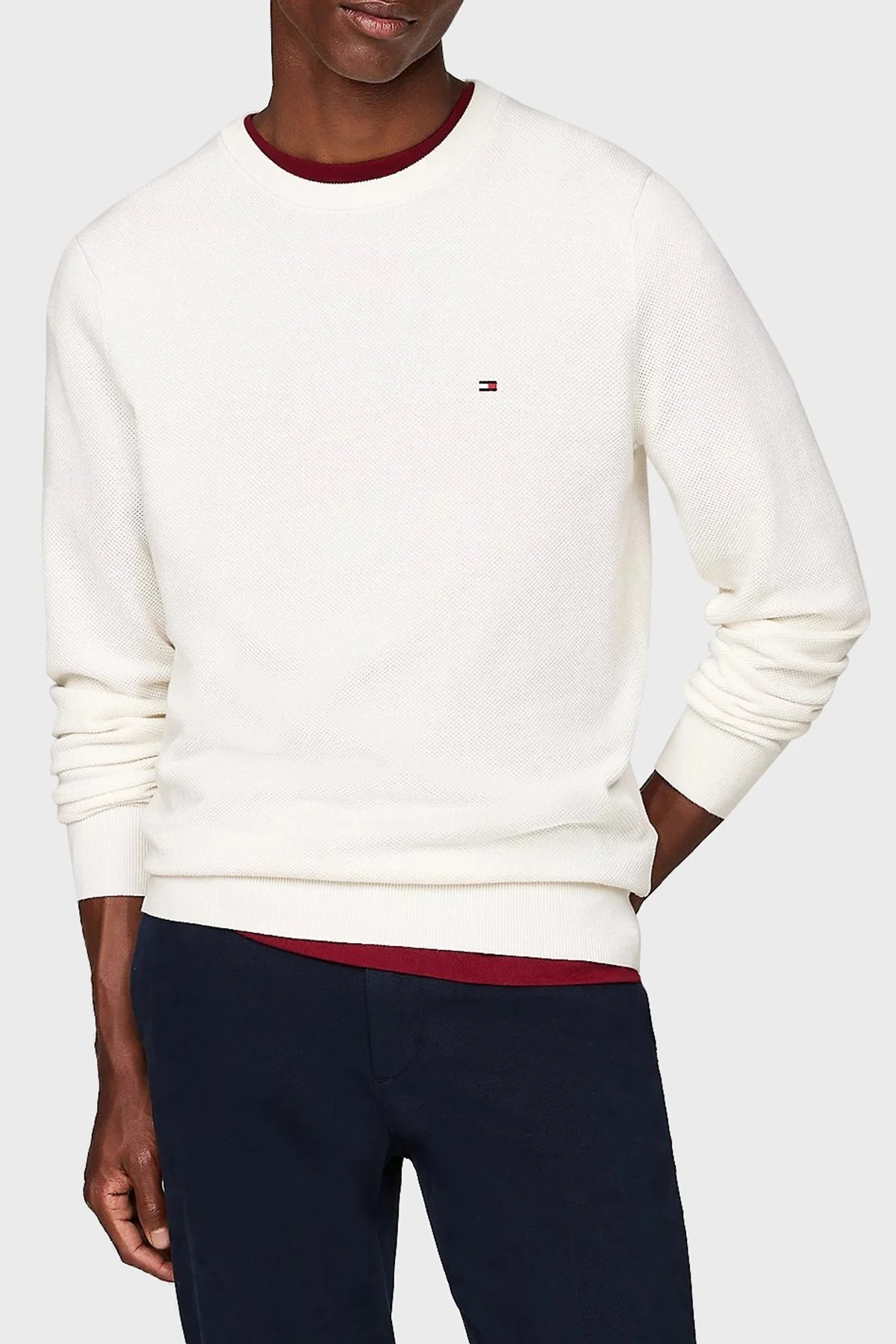 Tommy Hilfiger Pamuklu Regular Fit Bisiklet Yaka Erkek Kazak MW0MW36347 YBI BEYAZ - 1