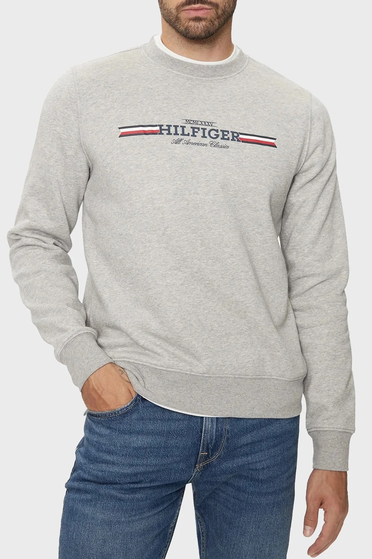 Tommy Hilfiger Pamuklu Regular Fit Bisiklet Yaka Erkek Sweat MW0MW35530 P01 GRİ - 1