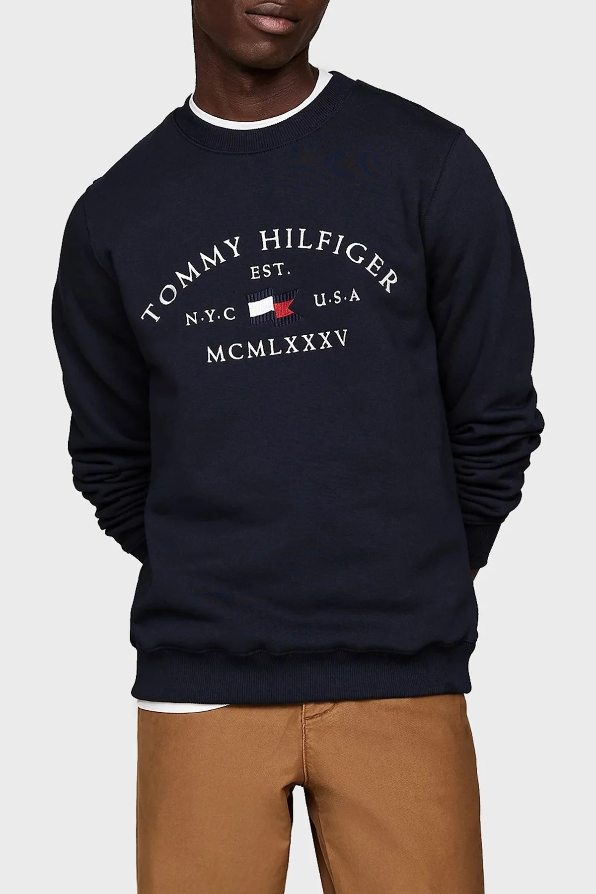 Tommy Hilfiger Pamuklu Regular Fit Bisiklet Yaka Logo Nakışlı Erkek Sweat MW0MW35526 DW5 LACİVERT - 6