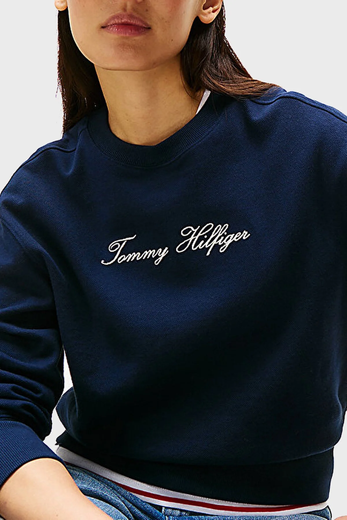 Tommy Hilfiger Pamuklu Regular Fit Bisiklet Yaka Logolu Bayan Sweat WW0WW47159 C1G LACİVERT - 9