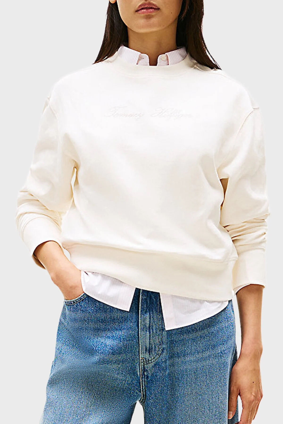 Tommy Hilfiger Pamuklu Regular Fit Bisiklet Yaka Logolu Bayan Sweat WW0WW47159 YA8 BEYAZ - 6