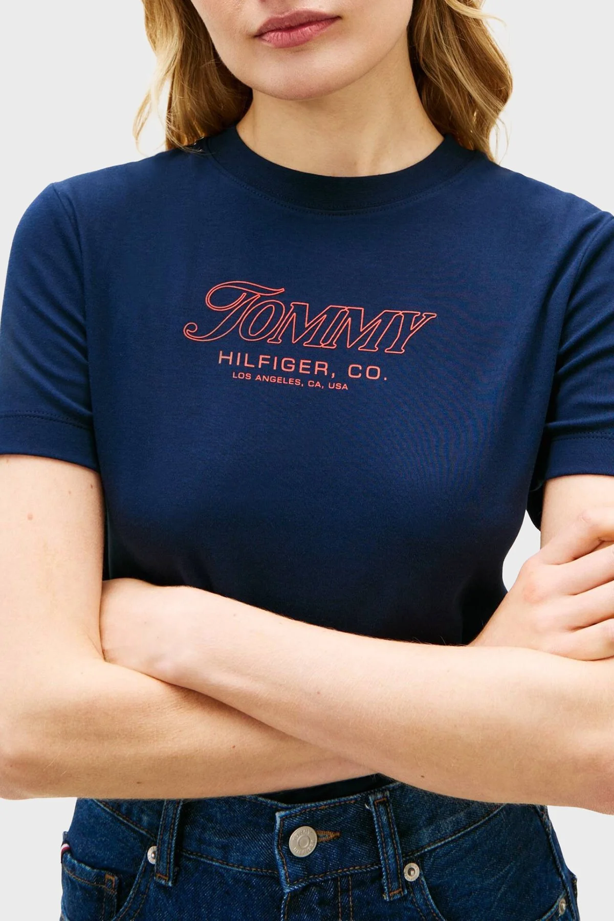 Tommy Hilfiger Pamuklu Regular Fit Bisiklet Yaka Logolu Bayan T Shirt WW0WW48707 C1G LACİVERT - 4