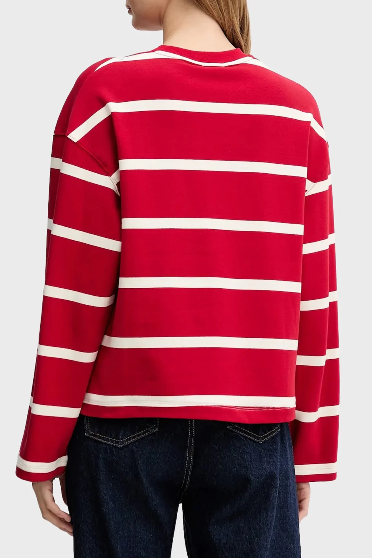 Tommy Hilfiger Pamuklu Regular Fit Çizgili Bisiklet Yaka Bayan Sweat WW0WW48431 0E2 KIRMIZI-BEYAZ - 3