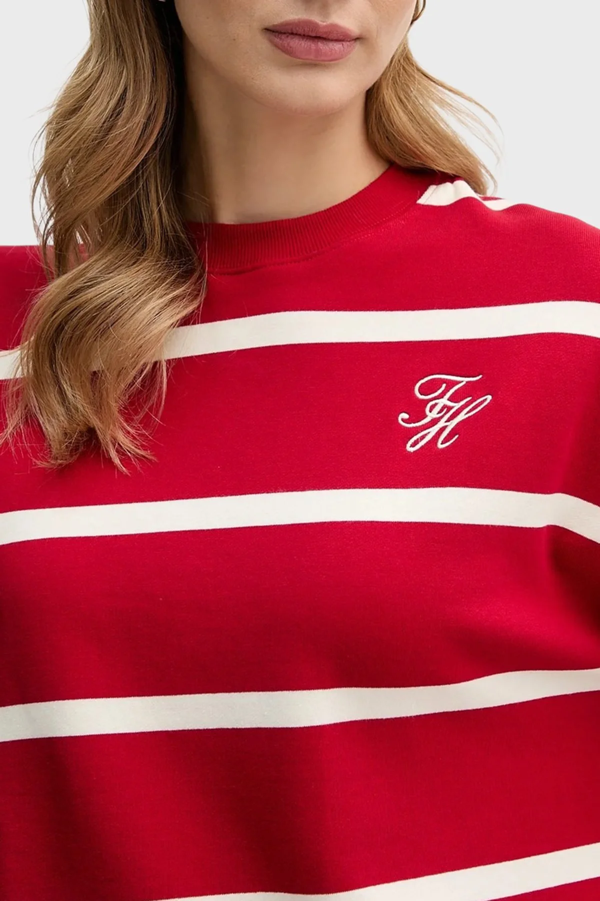 Tommy Hilfiger Pamuklu Regular Fit Çizgili Bisiklet Yaka Bayan Sweat WW0WW48431 0E2 KIRMIZI-BEYAZ - 4