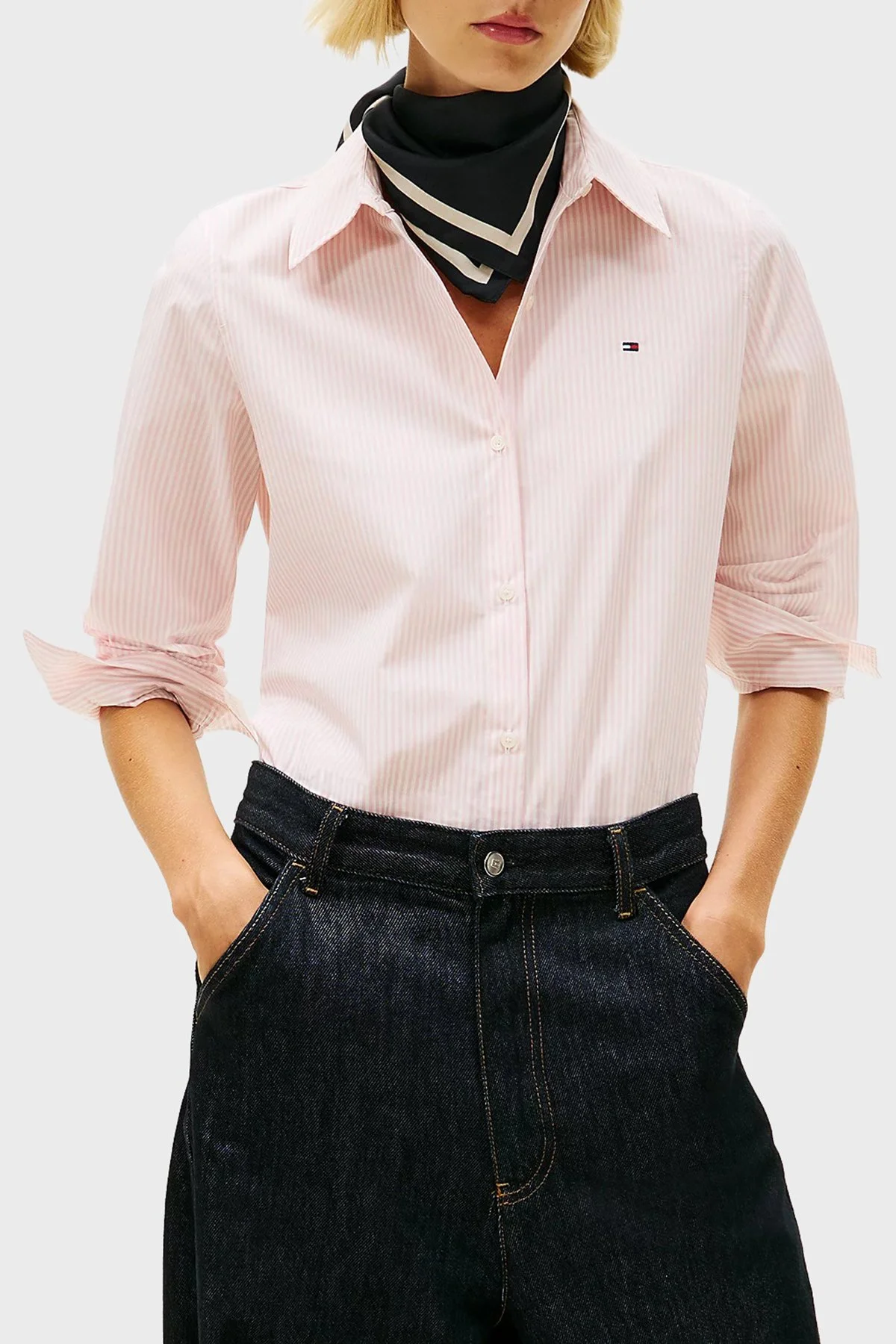 Tommy Hilfiger Pamuklu Regular Fit Çizgili Uzun Kollu Bayan Gömlek WW0WW47169 0D5 PEMBE - 1