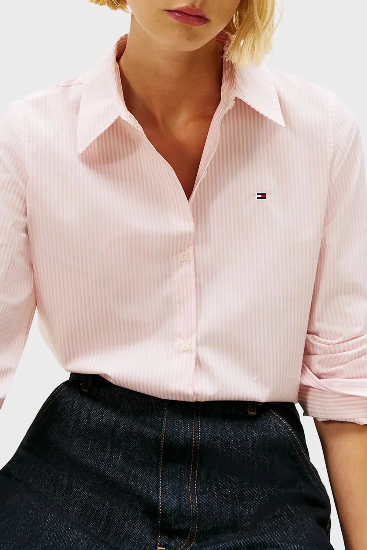 Tommy Hilfiger Pamuklu Regular Fit Çizgili Uzun Kollu Bayan Gömlek WW0WW47169 0D5 PEMBE - 4