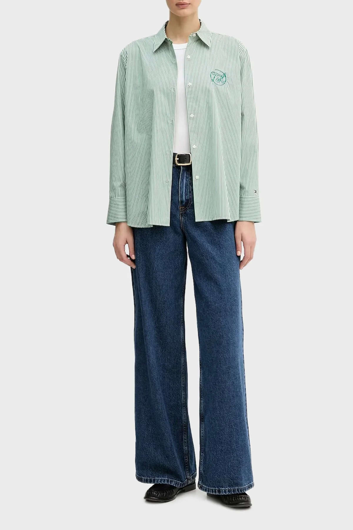 Tommy Hilfiger Pamuklu Regular Fit Çizgili Uzun Kollu Bayan Gömlek WW0WW48190 0CD YEŞİL - 2