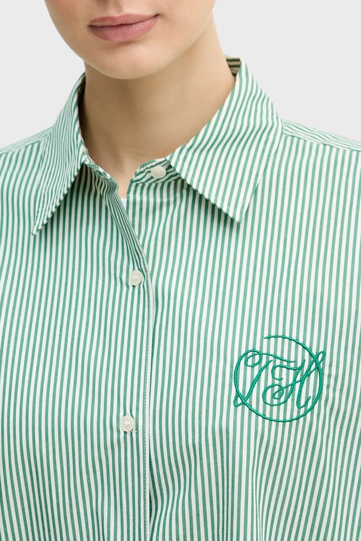 Tommy Hilfiger Pamuklu Regular Fit Çizgili Uzun Kollu Bayan Gömlek WW0WW48190 0CD YEŞİL - 4