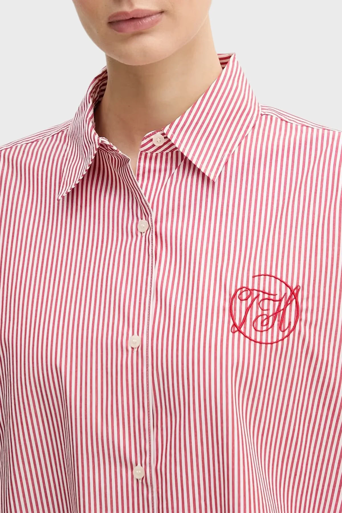 Tommy Hilfiger Pamuklu Regular Fit Çizgili Uzun Kollu Bayan Gömlek WW0WW48190 0E7 KIRMIZI - 4