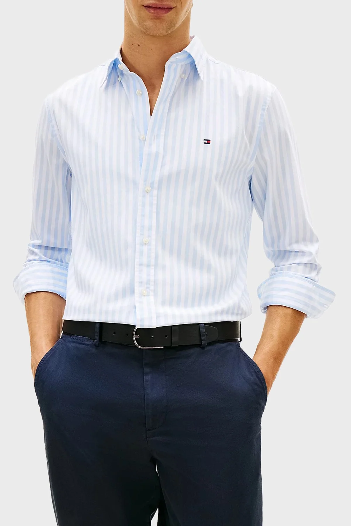 Tommy Hilfiger Pamuklu Regular Fit Çizgili Uzun Kollu Erkek Gömlek MW0MW42440 0A4 BEYAZ-MAVİ - 1